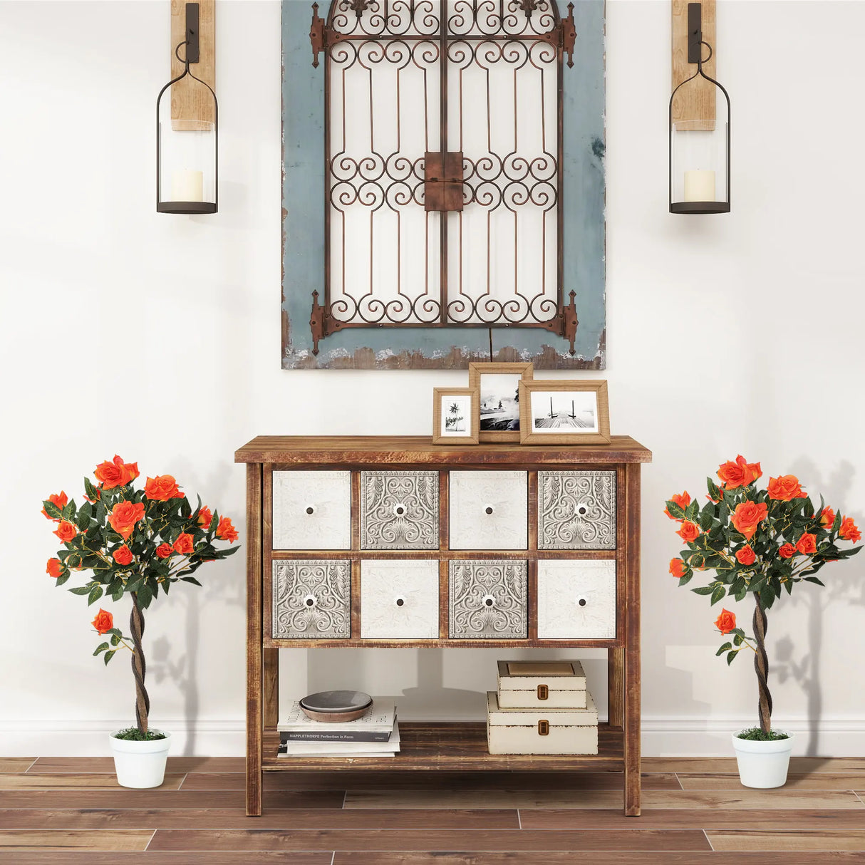 Outsunny Set of 2 Artificial Plants White Rose Floral in Pot, Fake Plants for Home Indoor Decor, 90cm, Orange