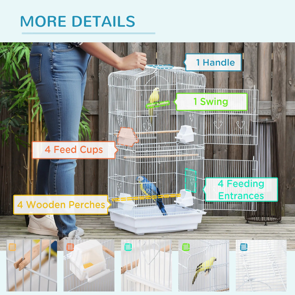 PawHut Large Metal Bird Cage with Perches, Food Bowls, Swing, for Budgies, Parakeets, White