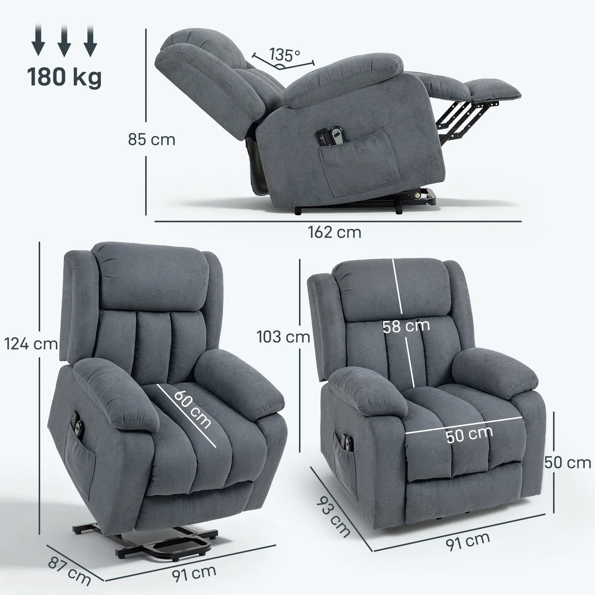 HOMCOM Power Lift Recliner Chair with Massage, Overstuffed Lift Chair for Elderly with Footrest, Remote and Side Pocket, Grey