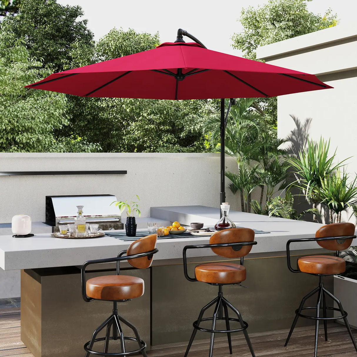 Outsunny Cantilever Umbrella Parasol Hanging Banana Steel Dark Green 3M Patio Wine Red