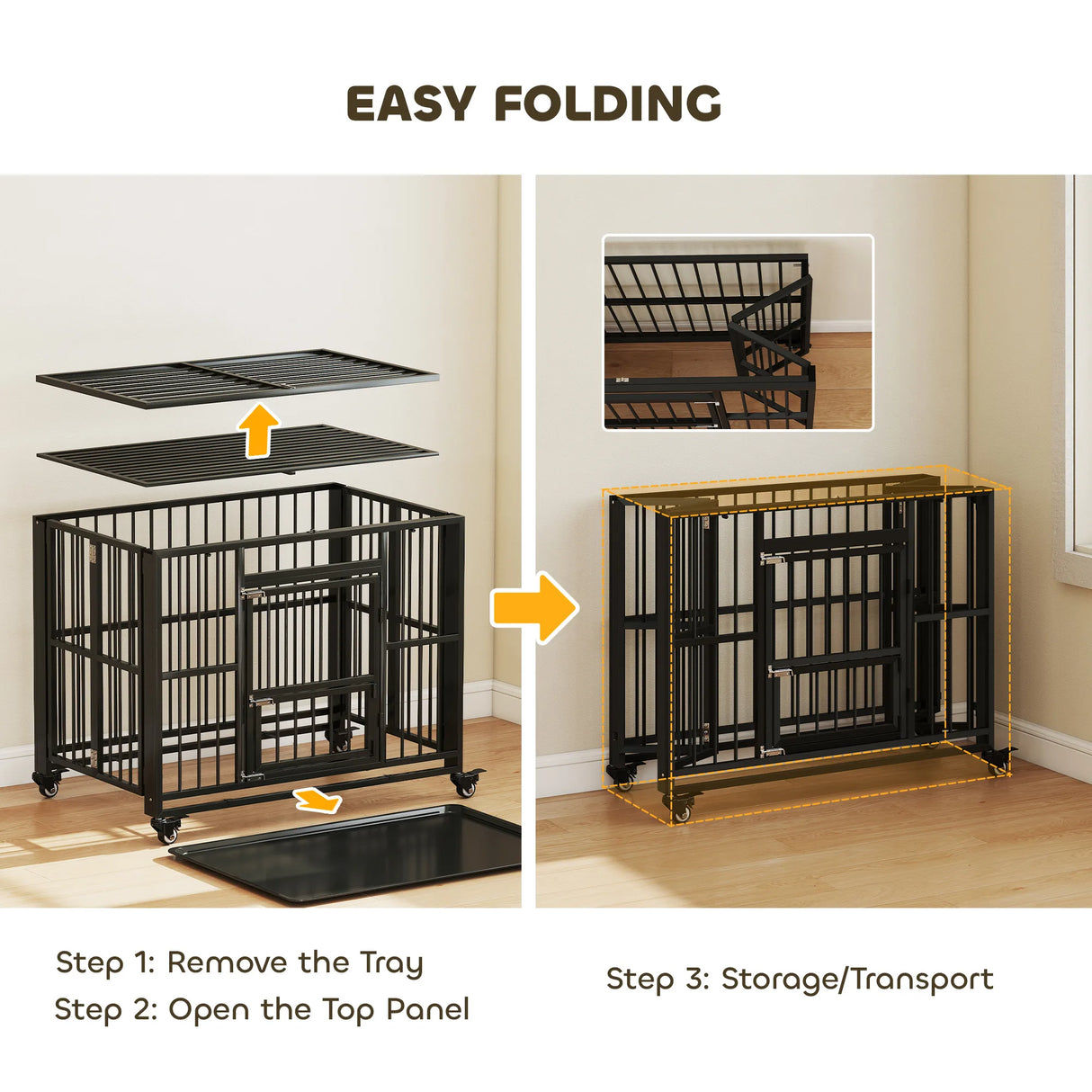 PawHut 43" Heavy Duty Dog Crate, Foldable Dog Cage, with Openable Top, Locks, Removable Tray, Wheels - Black