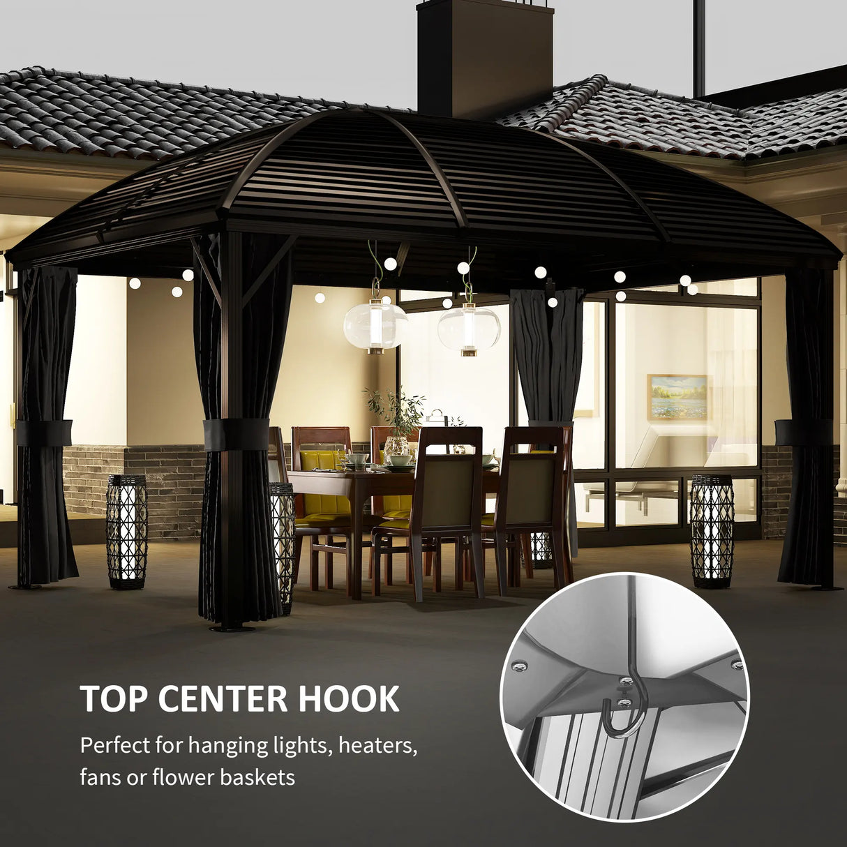 Outsunny 3 x 4m Hardtop Gazebo Canopy with Metal Roof, Aluminium Gazebo Permanent Pavilion with Netting and Curtains, Dark Grey