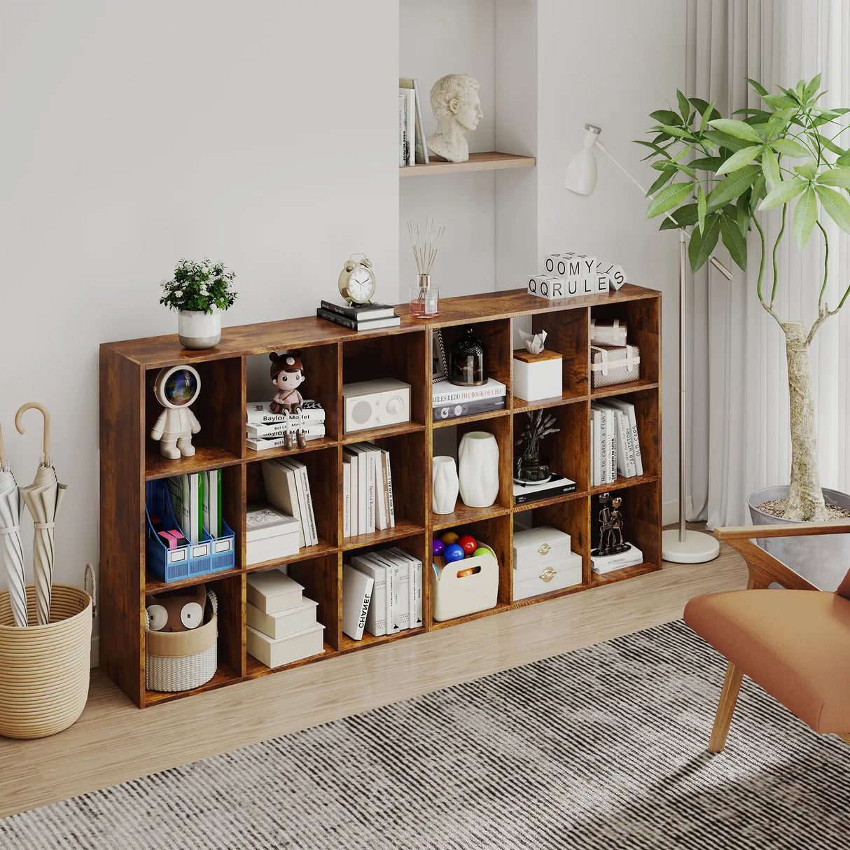 HOMCOM 3-tier 9 Cubes Storage Unit Particle Board Cupboard Bookcase Organiser Home Office Shelves, Rustic Brown