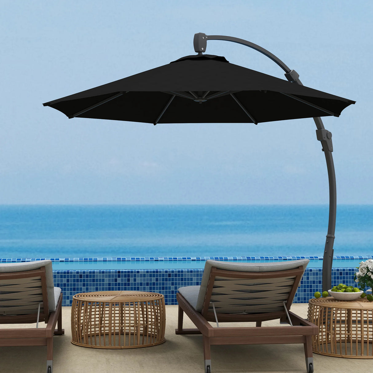 Outsunny 3(m) Garden Cantilever Parasol, Round Overhanging Umbrella with Crank Handle, Cross Base, Aluminium Frame and 360 Rotation, Banana Patio Umbrella for Outdoor Sun Shade, Black
