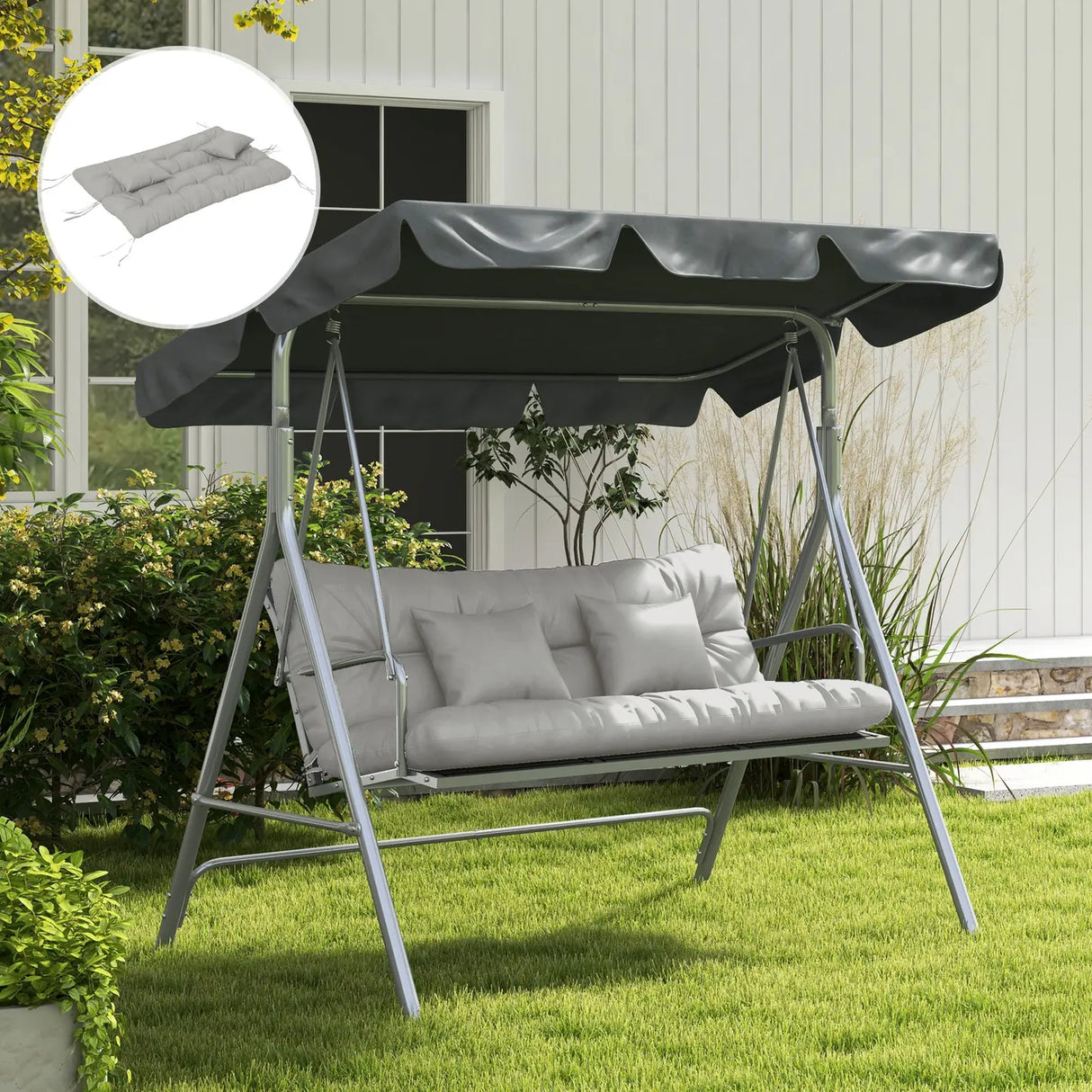 Outsunny Back and Seat Cushion Replacement with 2 Pillows, Patio Chair Cushions Set with Ties, Light Grey