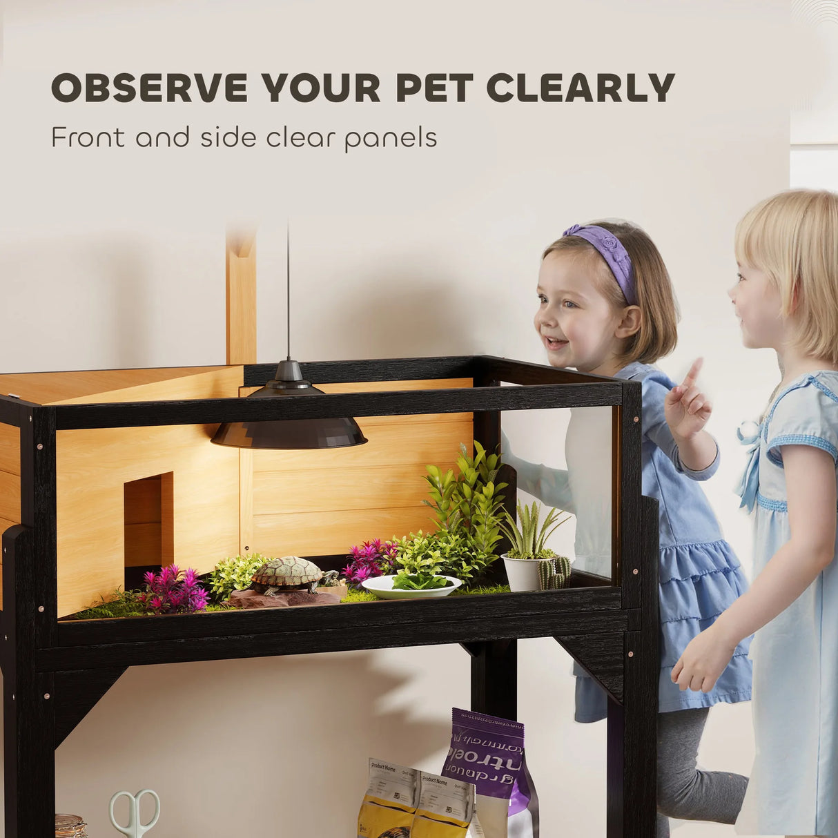 PawHut Wooden Tortoise House with Storage Shelf, Clear Observation Windows, Lamp Holder, Openable Top, Built-in Tray, Yellow