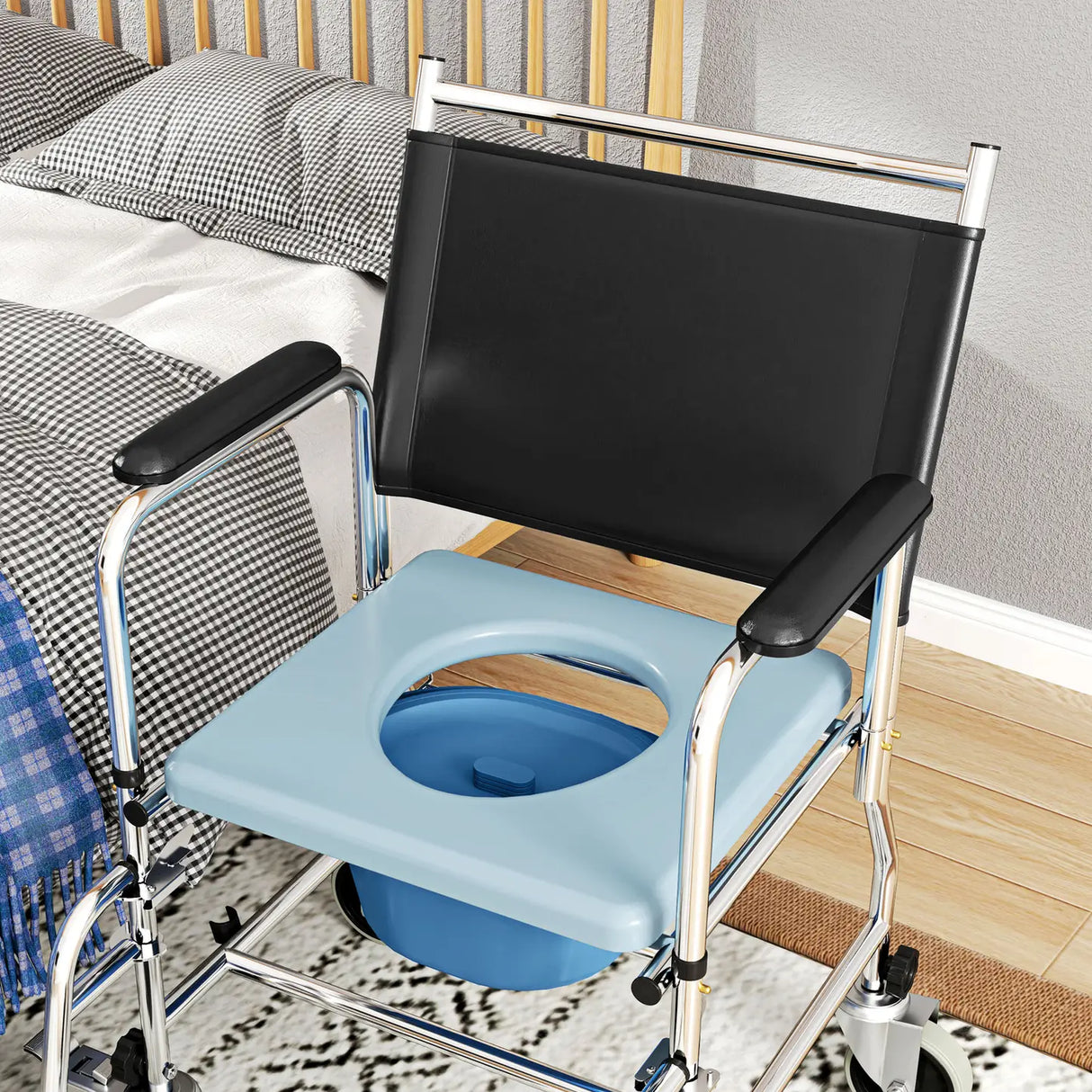 HOMCOM 3-In-1 Commode Wheelchair - Black