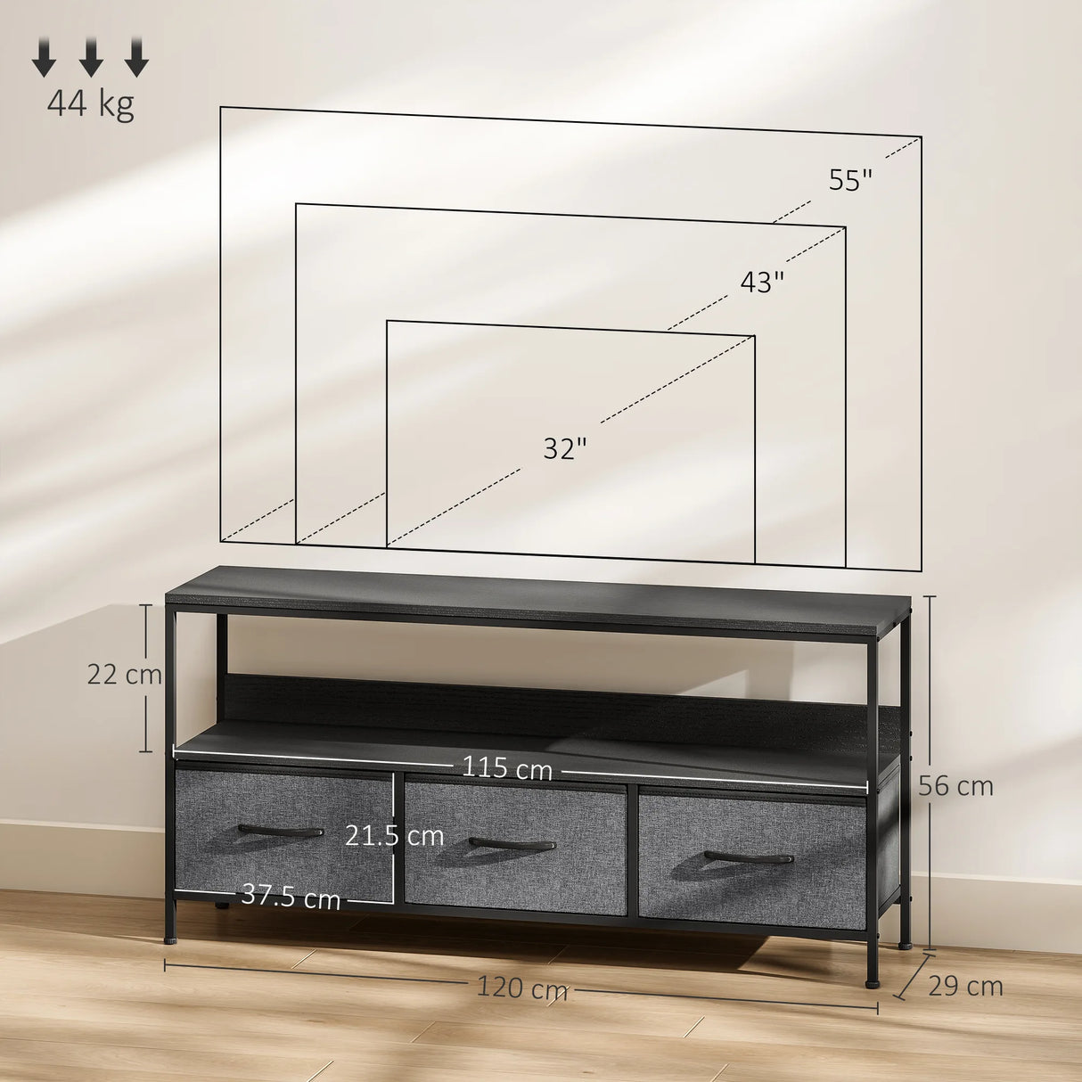HOMCOM TV Stand Cabinet with 3 Foldable Drawers - Black