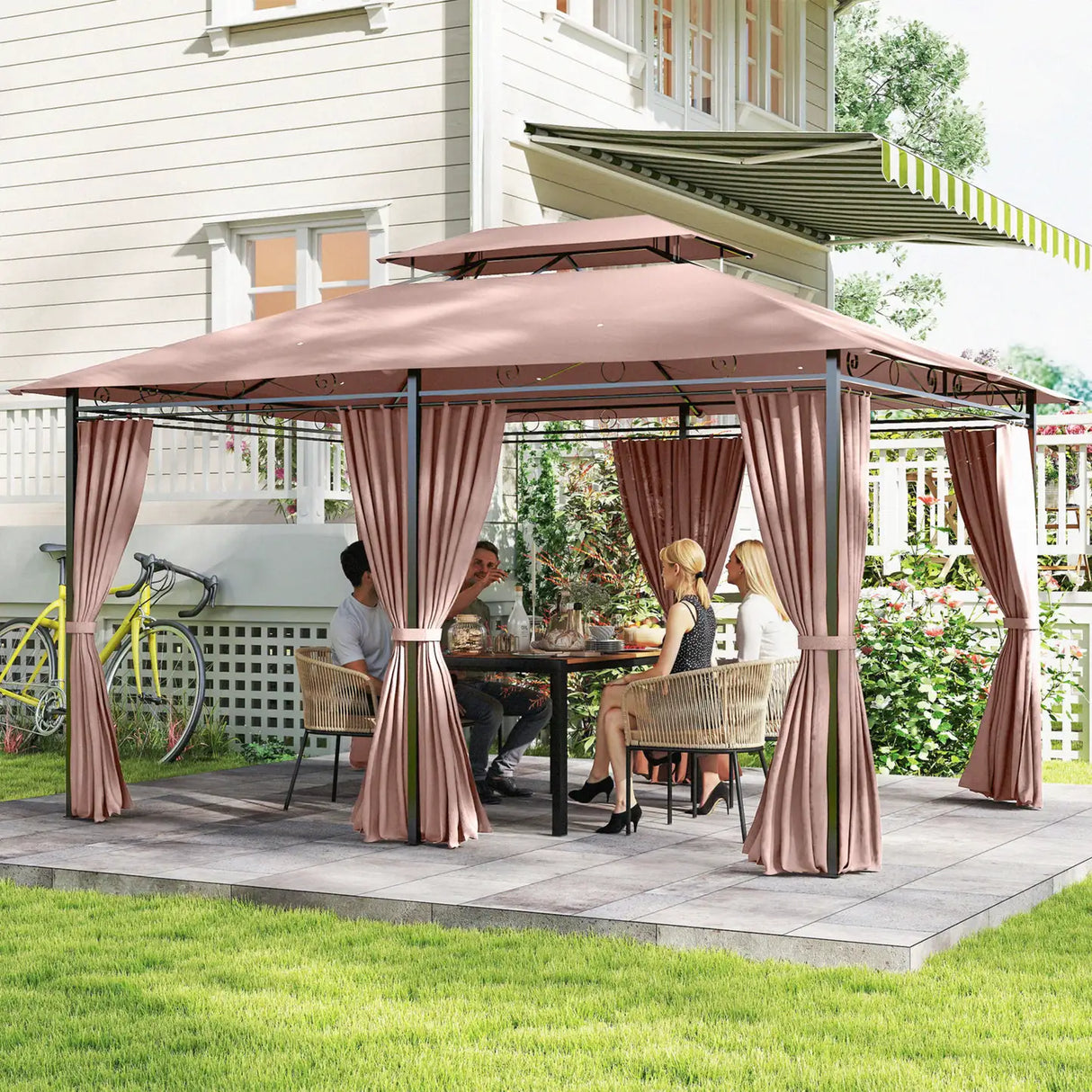 Outsunny 4m x 3(m)Garden Gazebo, Double Roof Outdoor Gazebo Canopy Shelter with Curtains, Solid Steel Frame for Patio, Garden, Brown