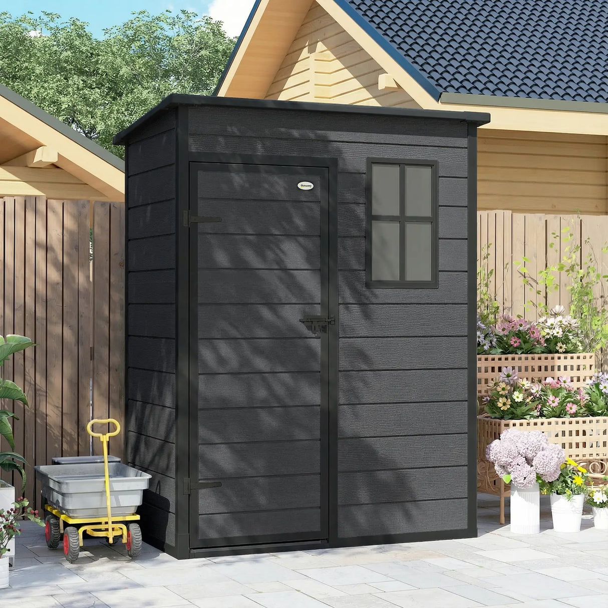 Outsunny 5' x 3' Garden Shed with Floor, Outdoor Storage Shed with Lockable Door, Window and Vent, Dark Grey
