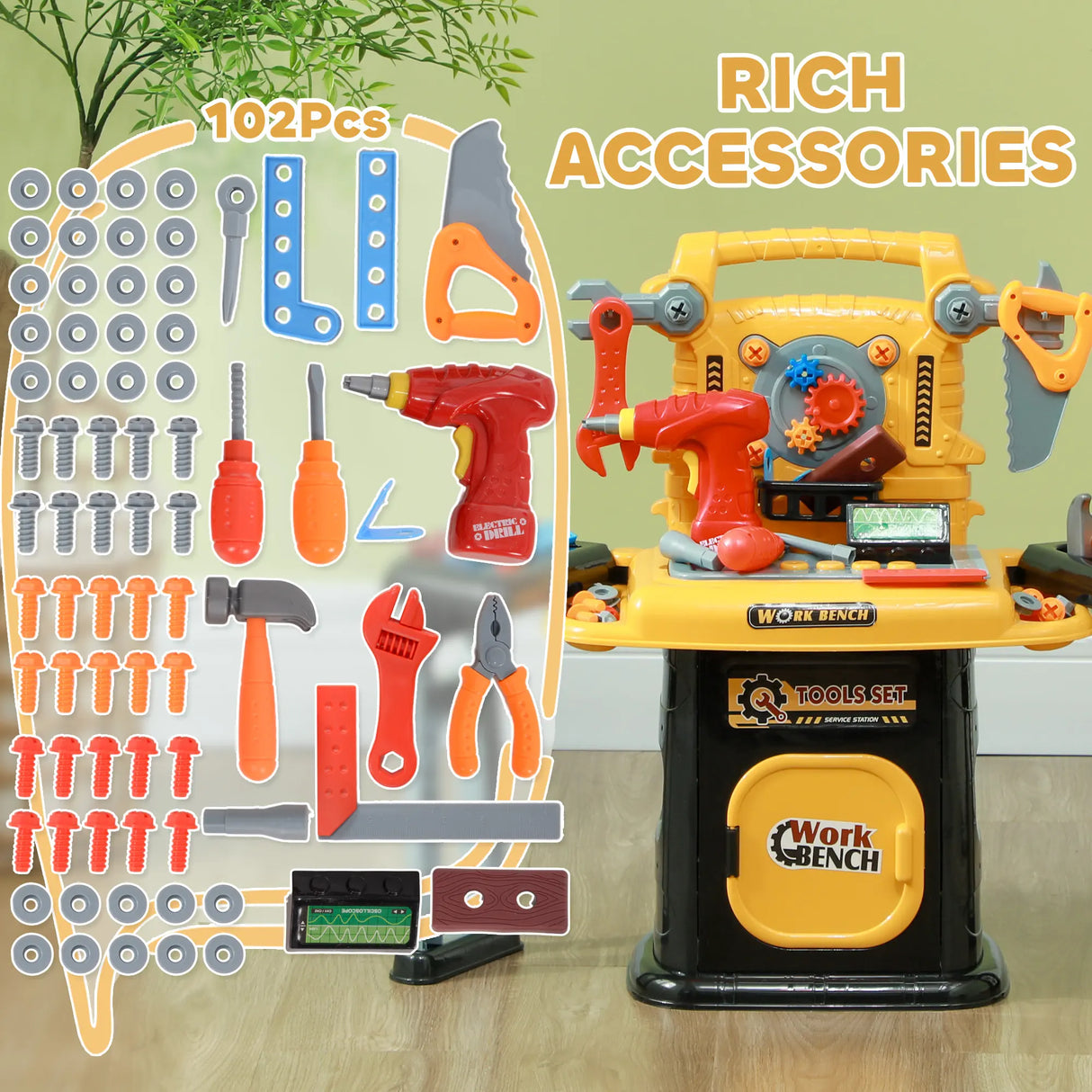 AIYAPLAY 102-Piece Kids Tool Bench with Electric Drill, Storage for Ages 3-6 Years, Yellow