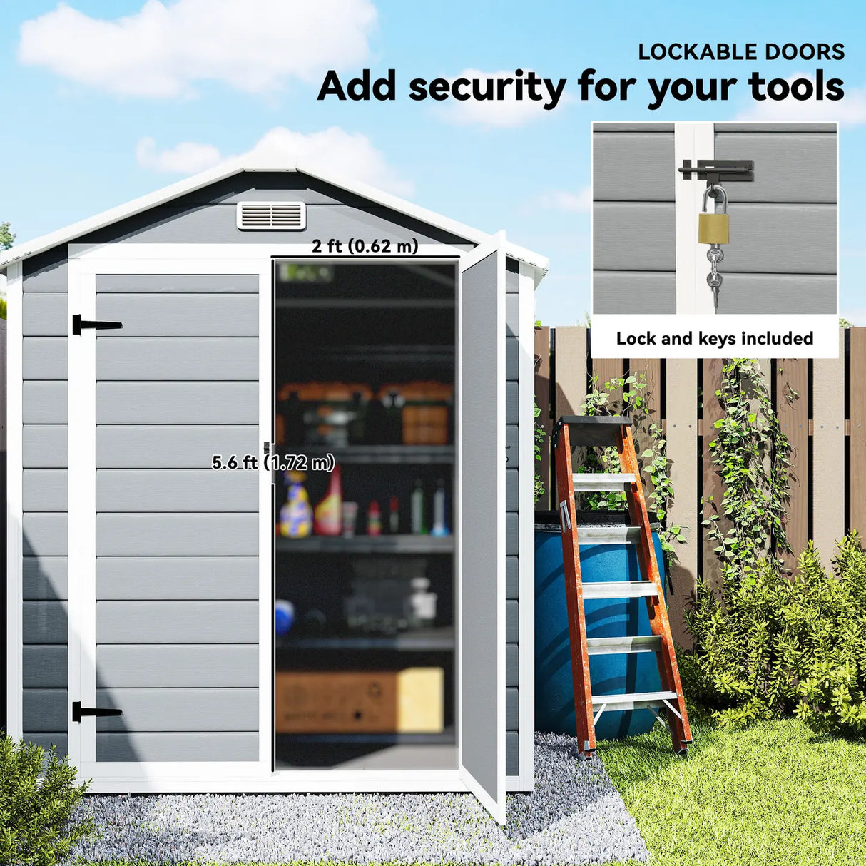 Outsunny 6'x4.5' Garden Storage Shed, Lockable Garden Shed with Double Doors, Window, Vent and Plastic Roof, Grey