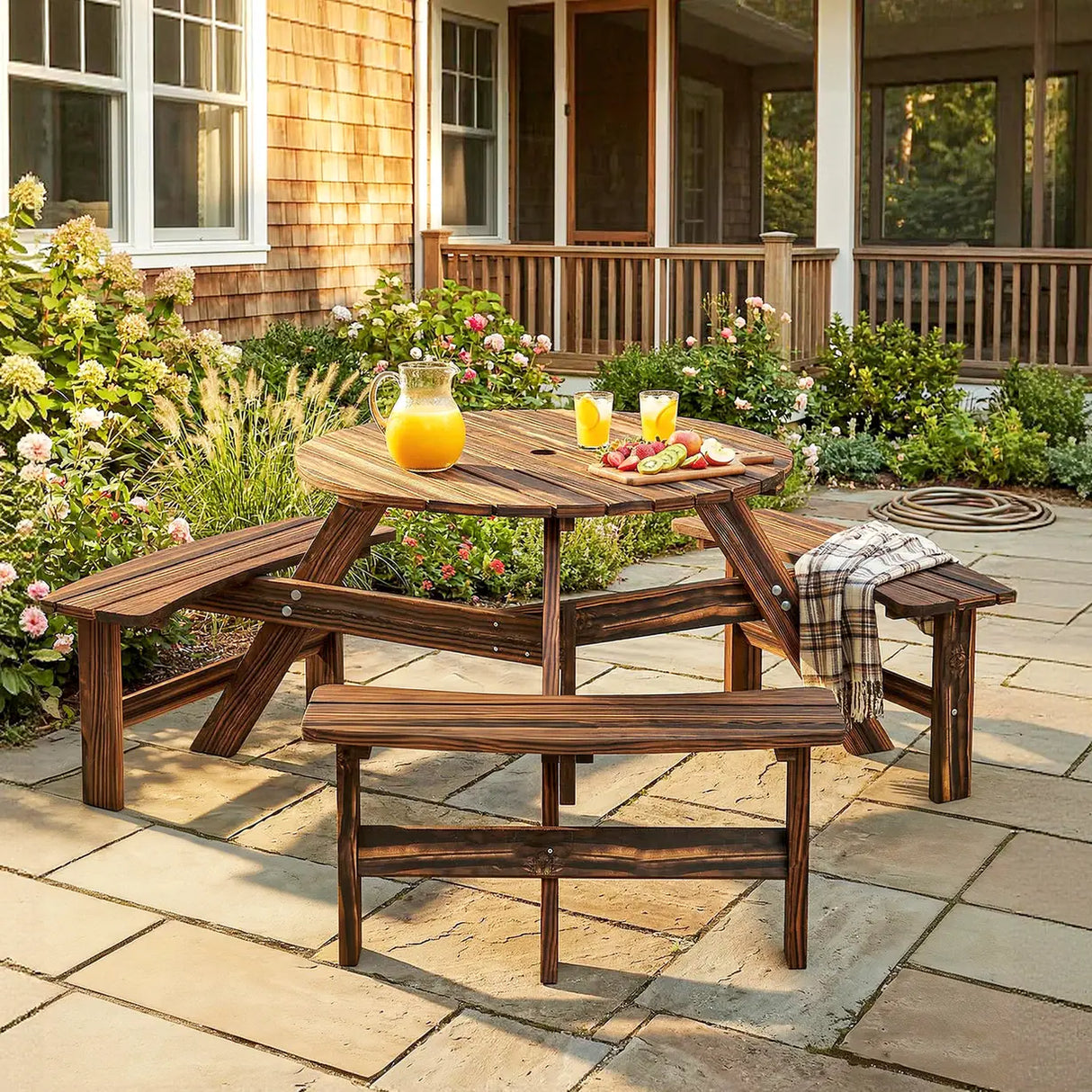 Outsunny Wooden Garden Dining Set, 6 Seater Round Dining Picnic Table with Matching Bench, Garden Furniture Set with Parasol Hole for Outdoor Patio Party and Family Gatherings, Carbonized