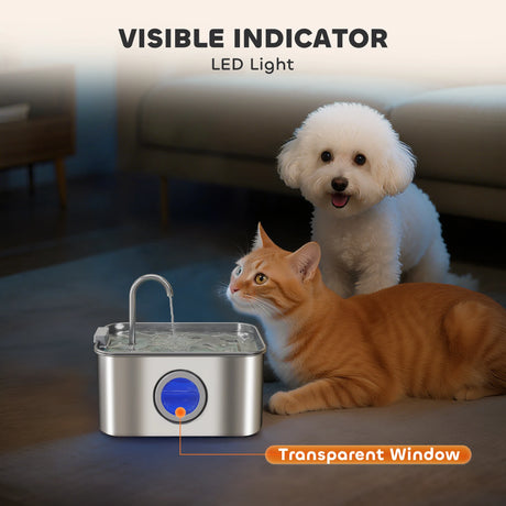 PawHut 3.2L Cat Water Fountain for Drinking, Cat Fountain Stainless Steel with Visible Water-Level Window, Ultra-Silent Pump