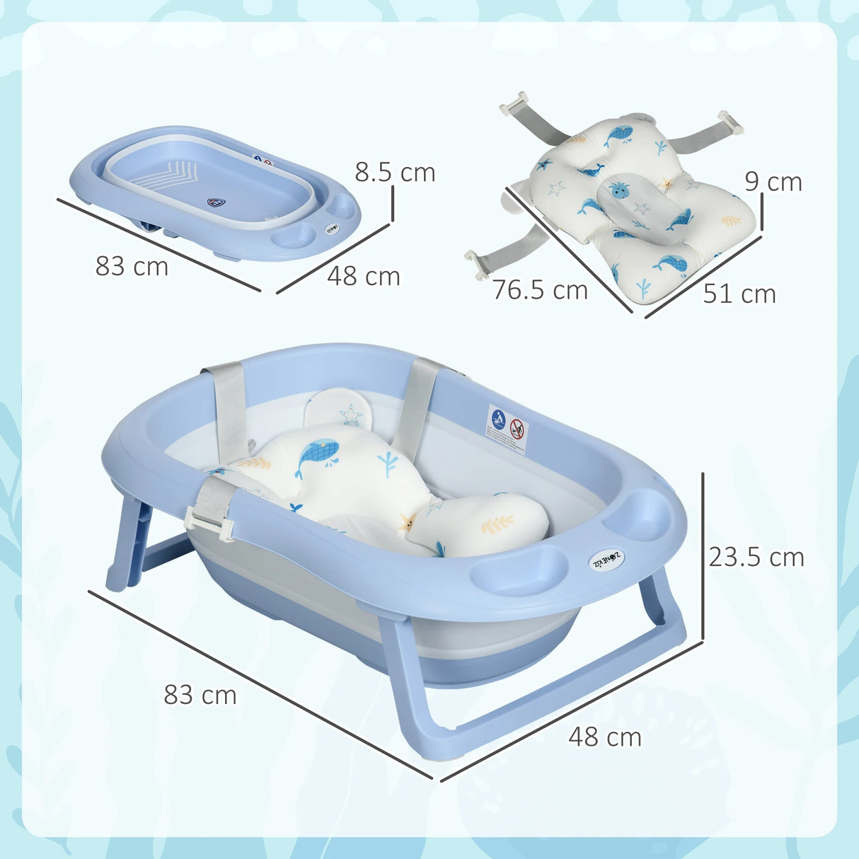 ZONEKIZ Foldable Baby Bathtub, with Non-Slip Support Legs, Cushion Pad, Shower Holder - Blue