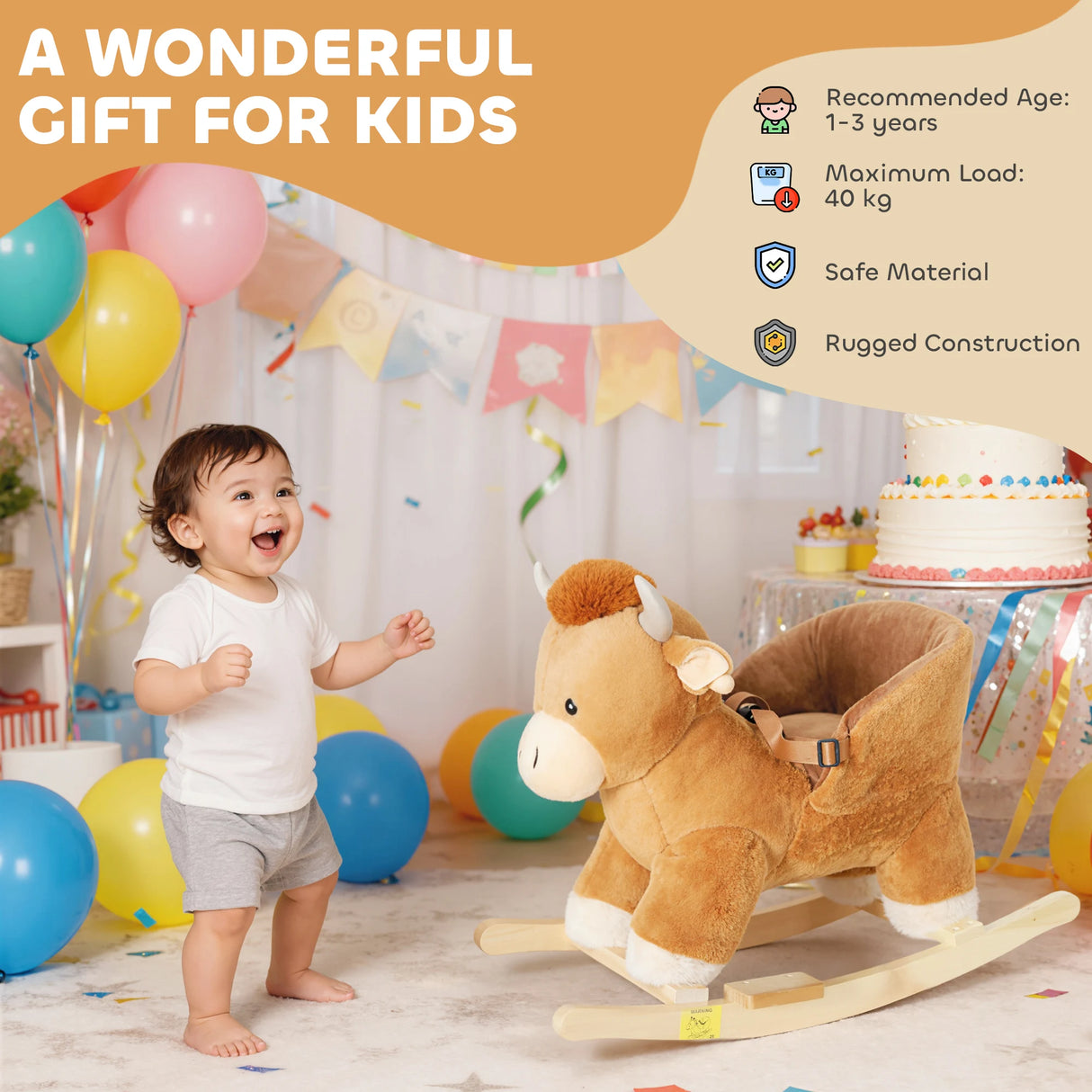 AIYAPLAY Baby Rocking Horse with Safety Belt, Wood Base, Animal Rocker for Children, Brown