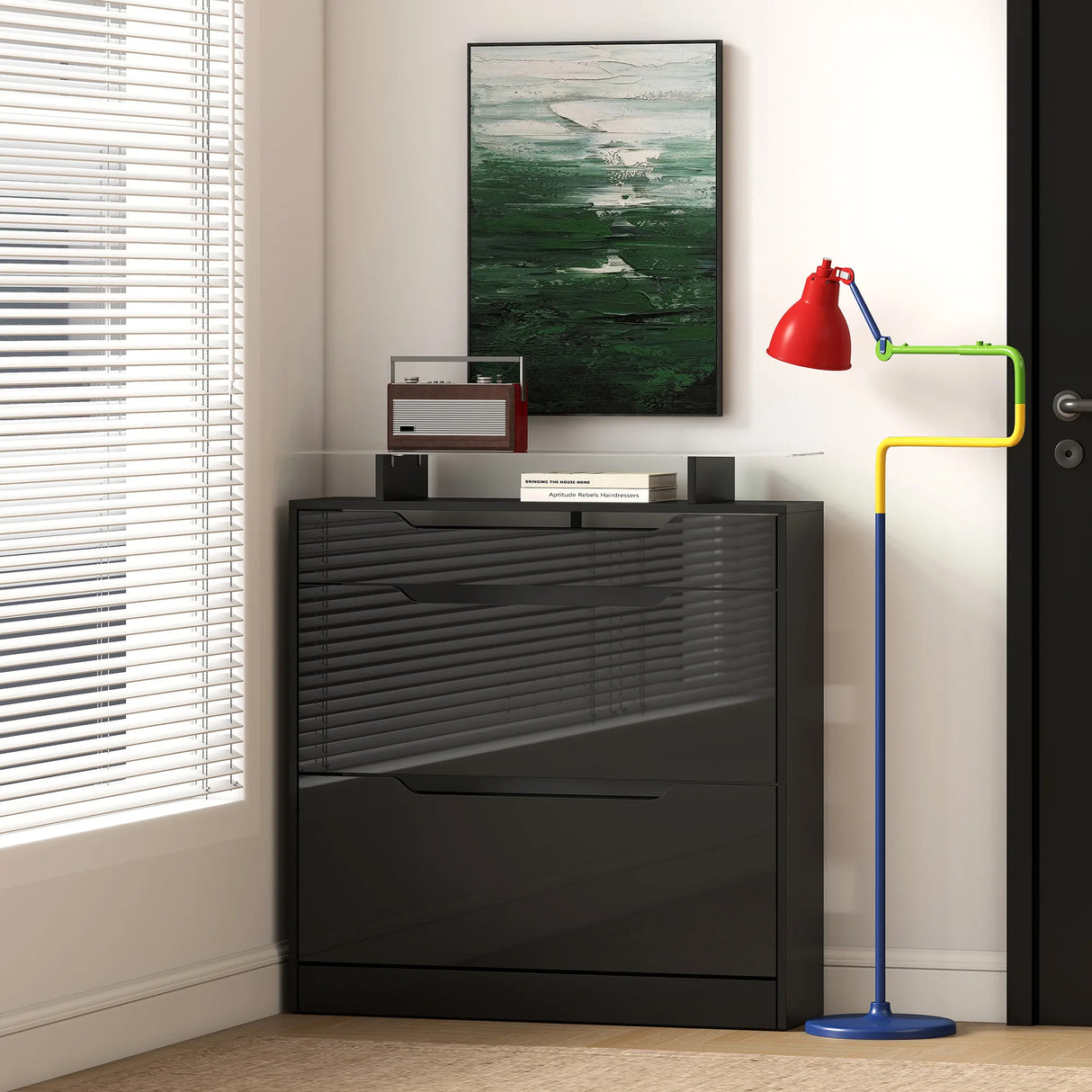 HOMCOM Shoe Storage Cabinet with Slide Out Drawer, 2 Flip Doors, Tempered Glass Top - Black