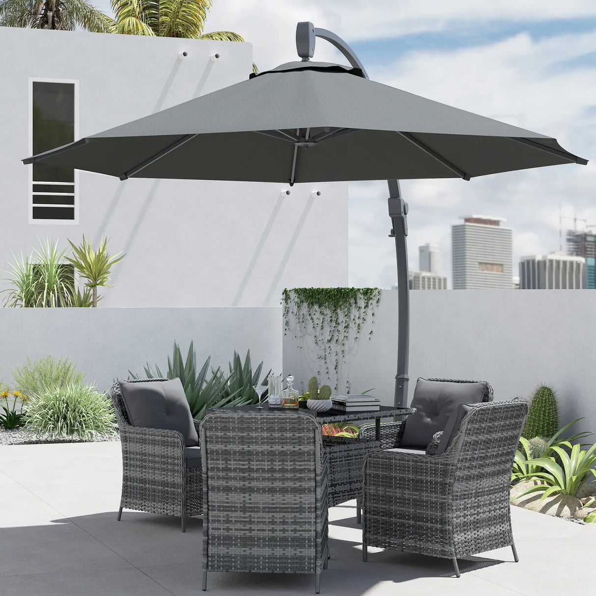 Outsunny 3(m) Garden Cantilever Parasol, Round Overhanging Umbrella with Crank Handle, Cross Base, Aluminium Frame and 360 Rotation, Banana Patio Umbrella for Outdoor Sun Shade, Grey