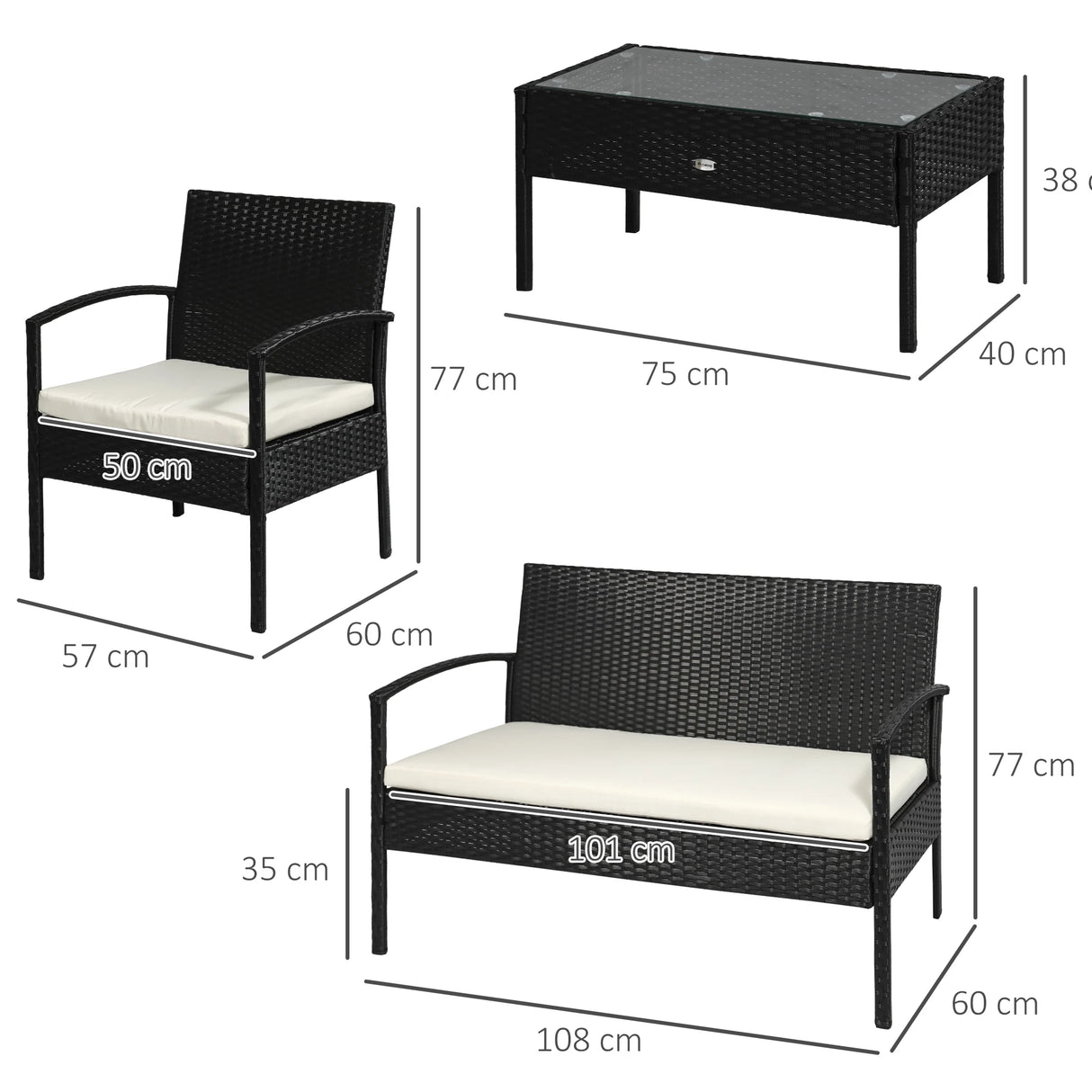 Outsunny 4 Pieces Rattan Garden Furniture Set, 4 Seater Garden Sofa Set with Loveseat, Armchairs and Glass Top Table, Wicker Conservatory Furniture with Cushions for Patio, Balcony, Black
