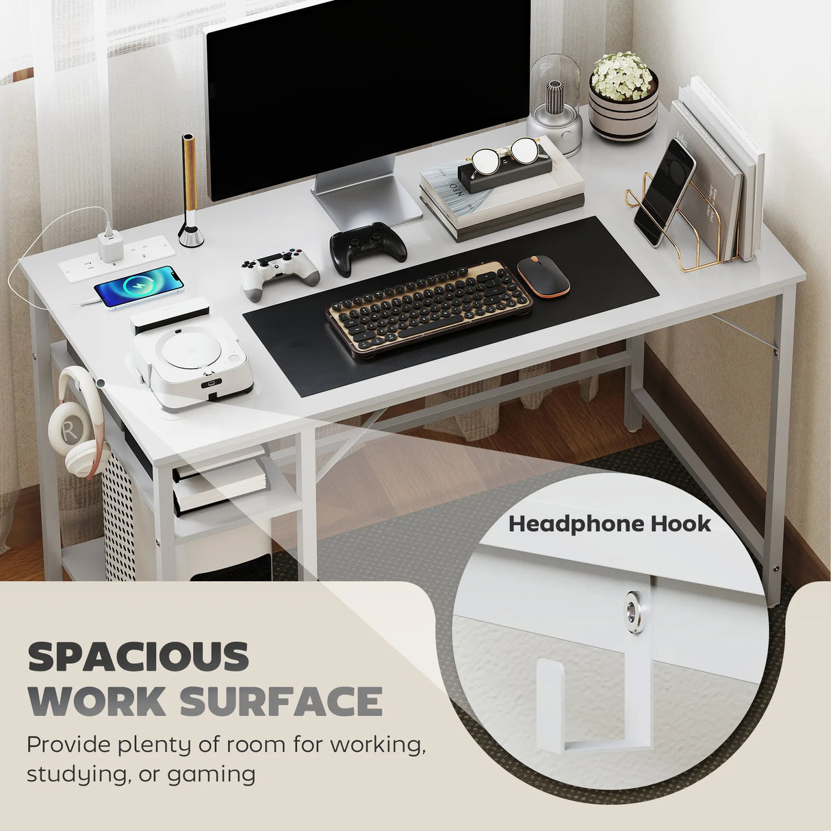 HOMCOM Computer Desk, with Power Sockets - White