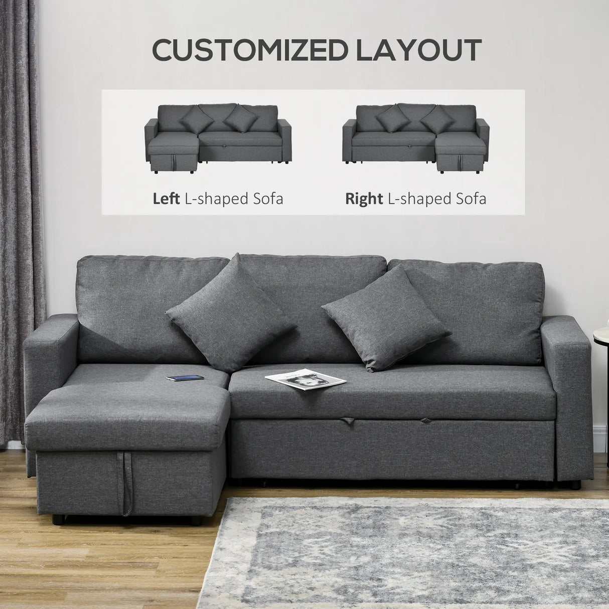 HOMCOM 3 Seater Pull Out Sofa Bed with Storage, Pre-Assembled & Delivered to Your Home for Free, Dark Grey