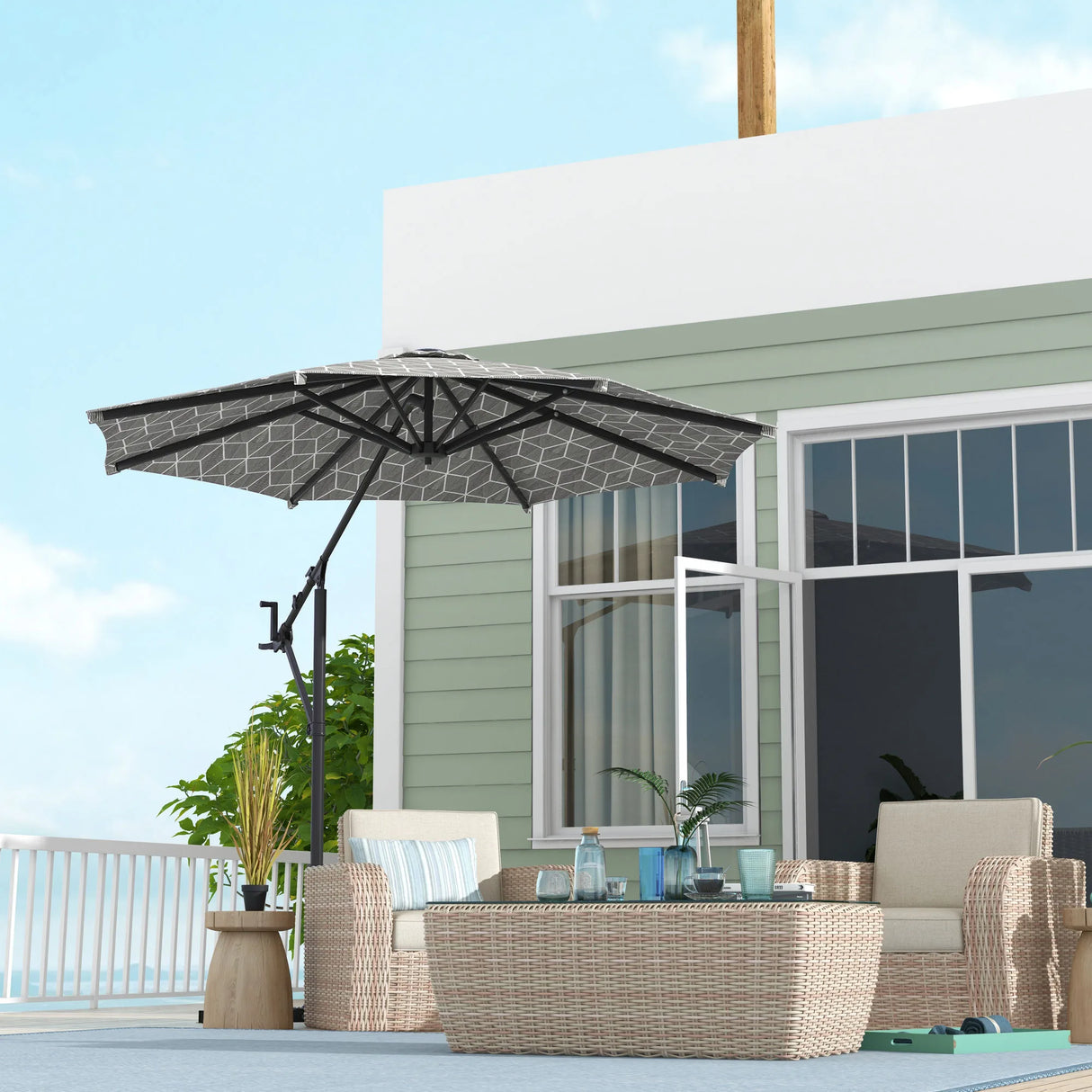 Outsunny 3(m) Convertible Cantilever Parasol and Centre-post Garden Parasol with Cross Base, 360 Rotation Banana Parasol with Crank Handle and 8 Ribs, Hanging Patio Umbrella, Black and White