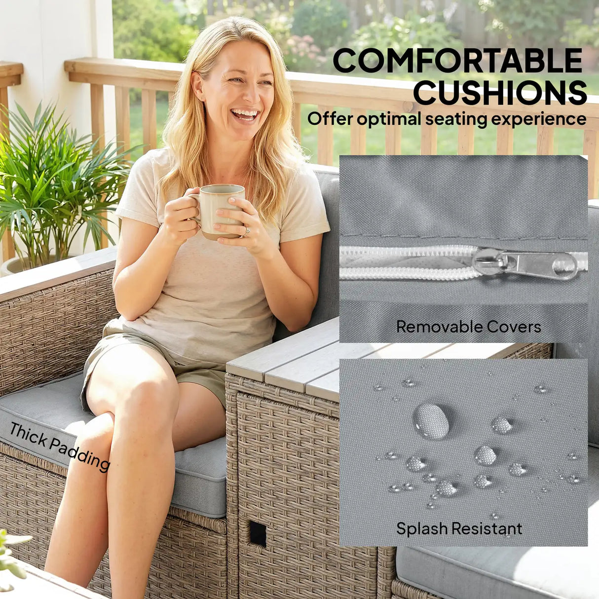 Outsunny 5 Piece Rattan Garden Furniture Set with Storage Table, Footstools, Cushions, Dark Grey