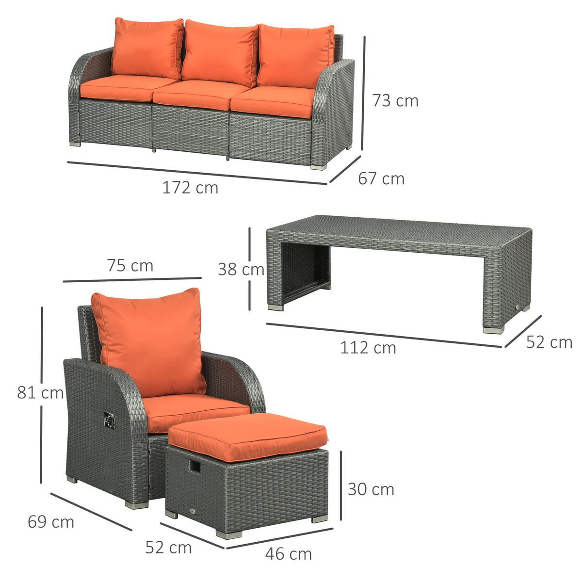 Outsunny Six-piece Outdoor Rattan Dining Set, Outdoor Sofa Set with Reclining Armchairs and Mental Frame, Orange
