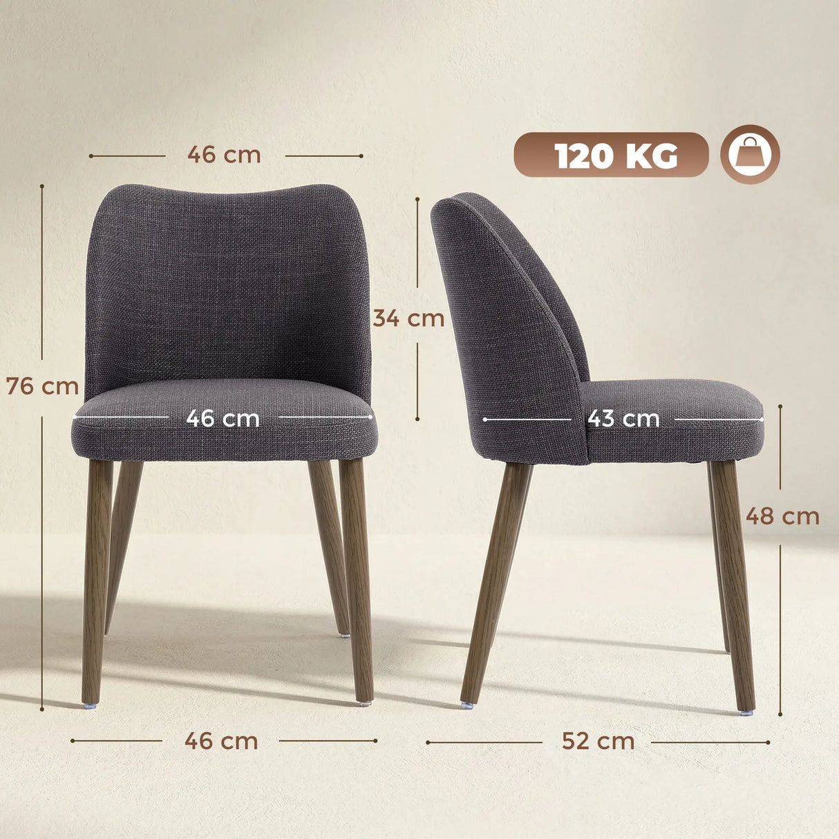 HOMCOM Dining Chairs Set of 2, Linen Upholstered Kitchen Chairs with Padded Seat, Curved Backrest, Rubberwood Legs, Dark Grey