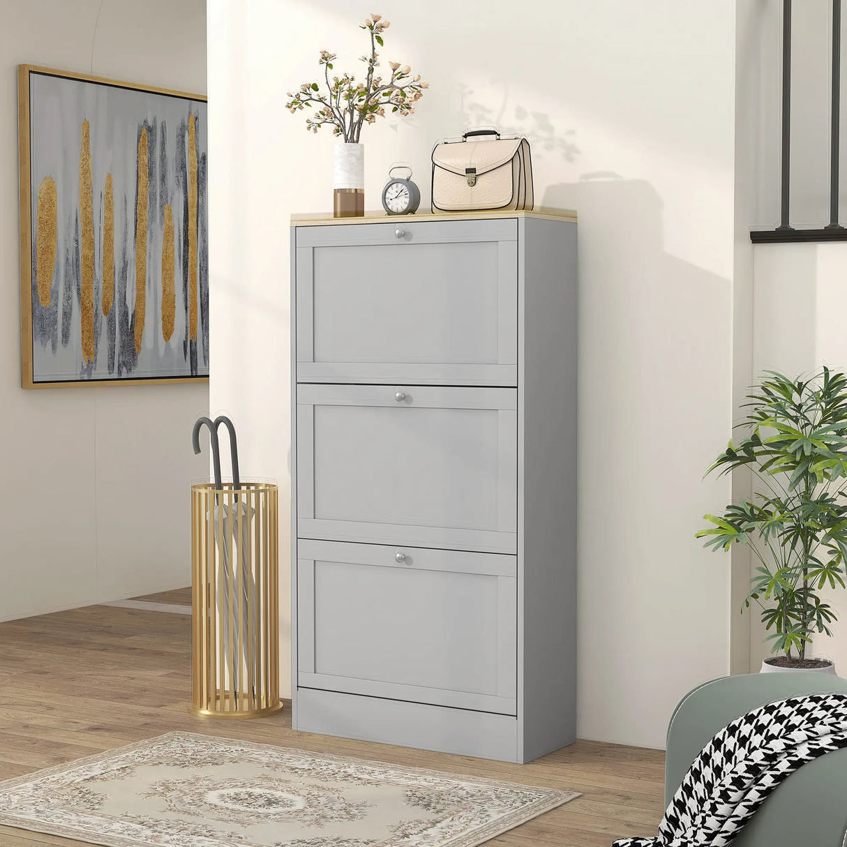HOMCOM Modern Compact Three-Drawer Shoe Storage Cabinet - Grey