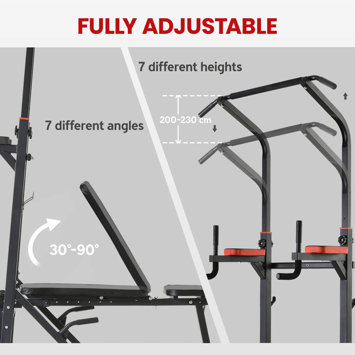 HOMCOM Pull Up Station with Adjustable Weight Bench, Dip Station and Barbell Rack, Multi-Function Power Tower Free Standing Pull Up Bar for Home Gym