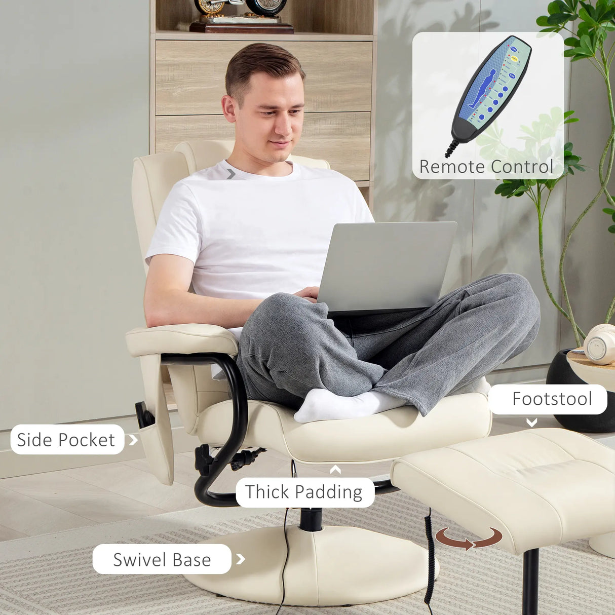 HOMCOM Swivel Recliner Chair and Footstool, Faux Leather Massage Recliner Armchair with Remote Control and Round Wrapped Base, Cream White