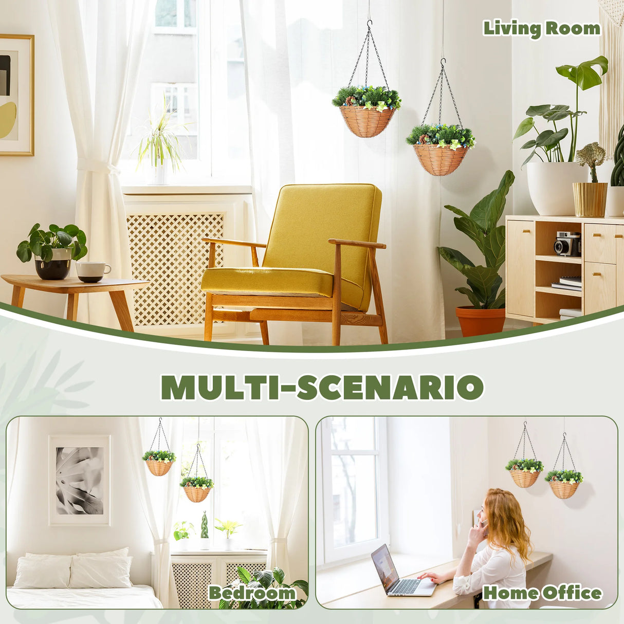 HOMCOM Pack of 2 Faux Plant Artificial Lisianthus Flowers, Hanging Planters with Basket, PE Leaves, 18 Flowers and 3 Pinecones, Decorative Faux Plants for Home Office Decor, Green