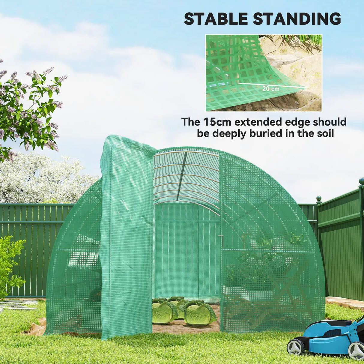 Outsunny Large Polytunnel Walk In Greenhouse, Plant Gardening Tunnel Green House with Metal Hinged Door, Galvanised Steel Frame & Mesh Windows, Green (3 x 6 m)