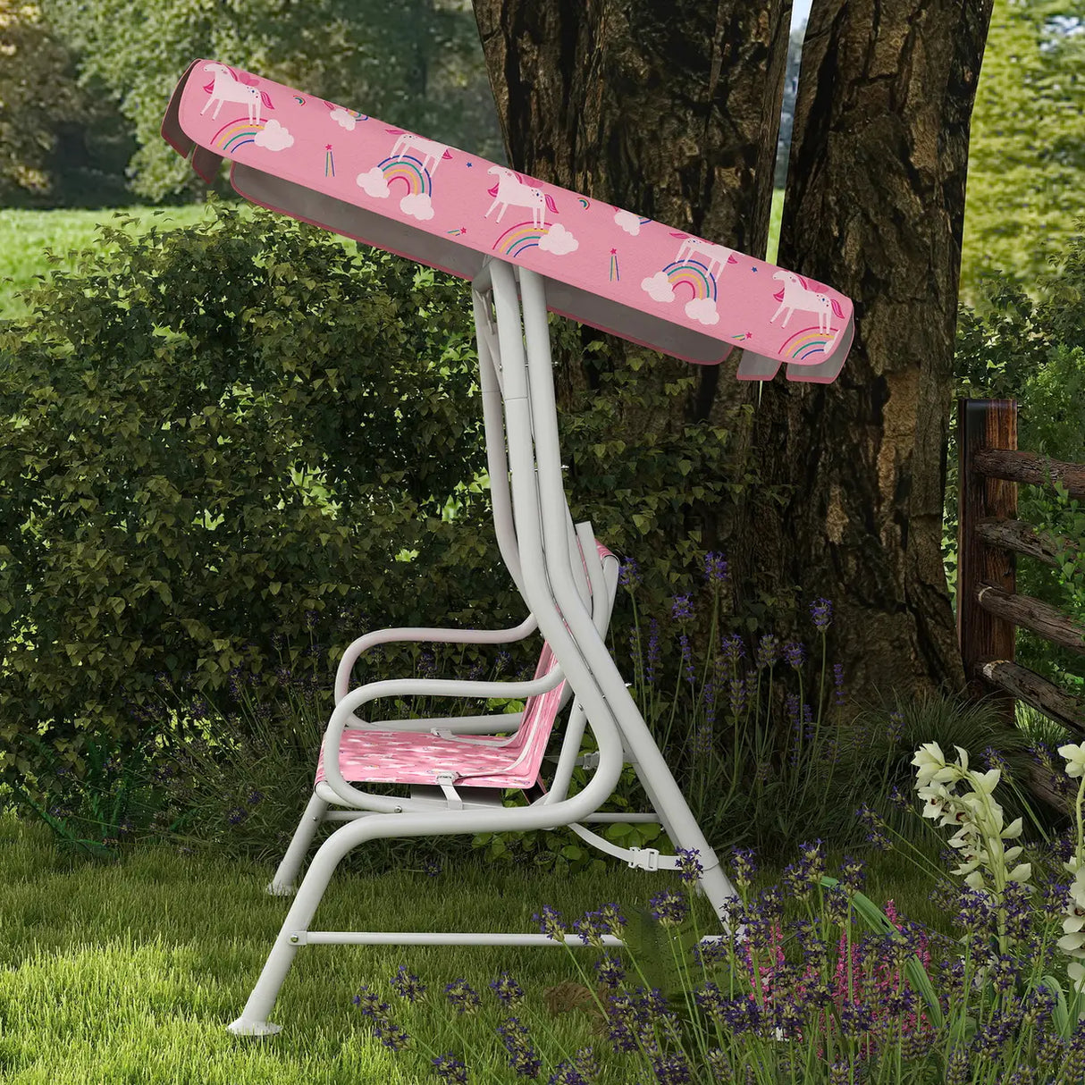 AIYAPLAY Kids Porch Swing, 2-Seater Patio Swing Bench Hammock with Seat Belts, Adjustable Canopy for Garden, Pink