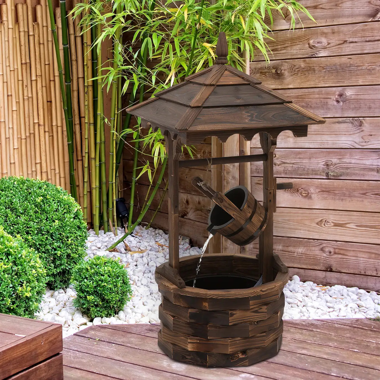 Outsunny Wooden Garden Wishing Well Fountain Barrel Waterfall Rustic Wood with Pump Garden Dcor Ornament