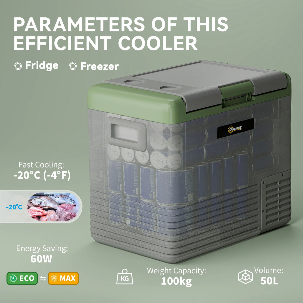 Outsunny 50L Portable Car Refrigerator - Light Green and Grey