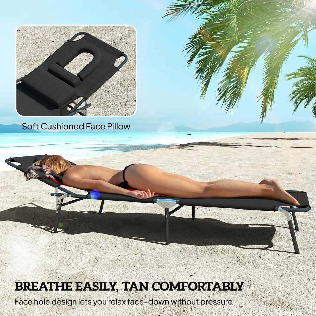 Outsunny Folding Sun Loungers Set of 2 with Face Hole, 4-Position Adjustable Backrest Garden Recliner Chairs Sunbeds, Outdoor Lounge Chairs with 600 D Oxford Cloth Seat, Pillow for Beach, Black