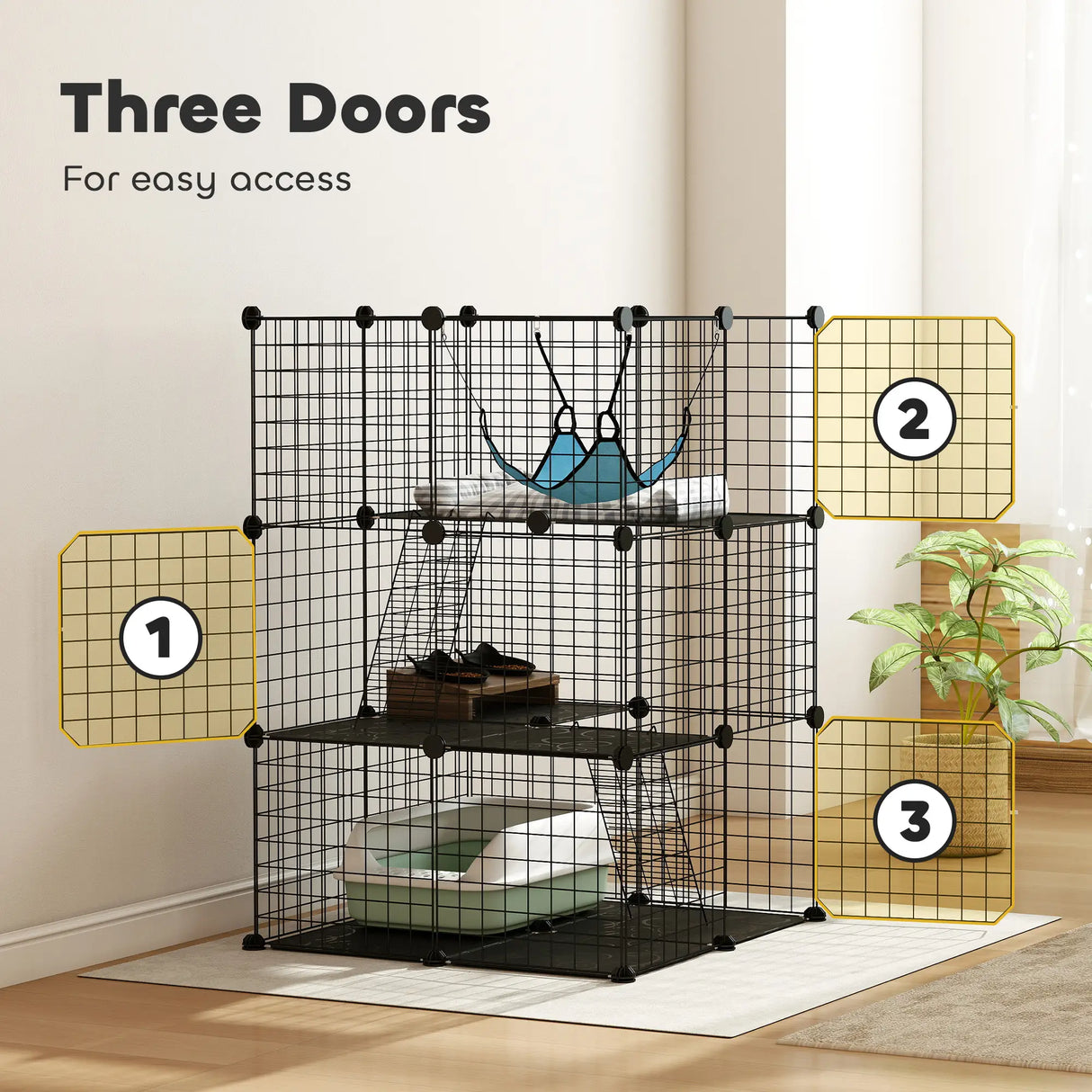 PawHut Indoor Cat Cage DIY Customizable 3-Tier Indoor Cat Enclosure with 3 Doors and Hammock 105 cm Black