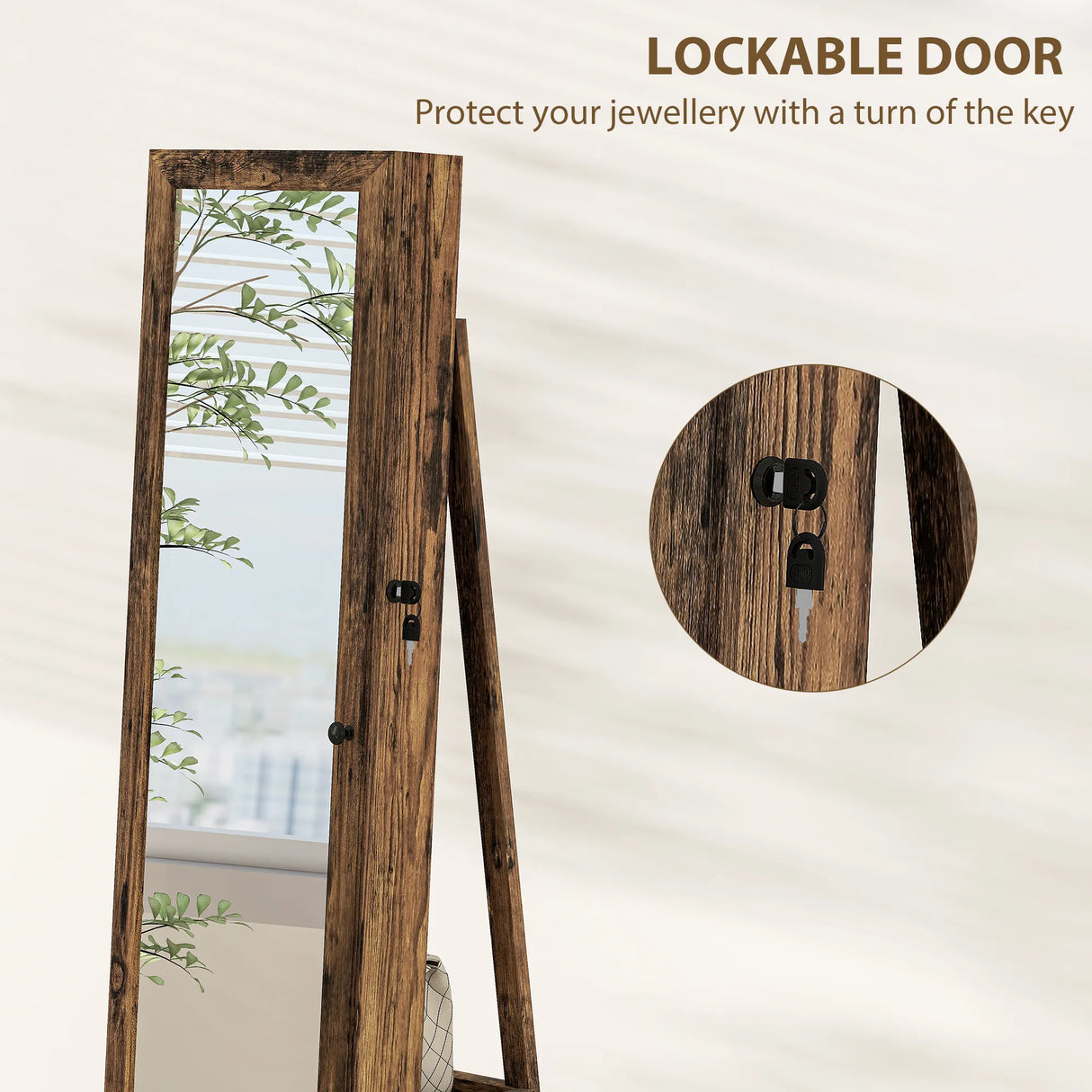 HOMCOM 360 Swivel Jewellery Cabinet, Free Standing Full Length Mirror with Storage, Lockable Jewellery Organiser with Built-in Makeup Mirror and Storage Shelves for Bedroom, Rustic Brown