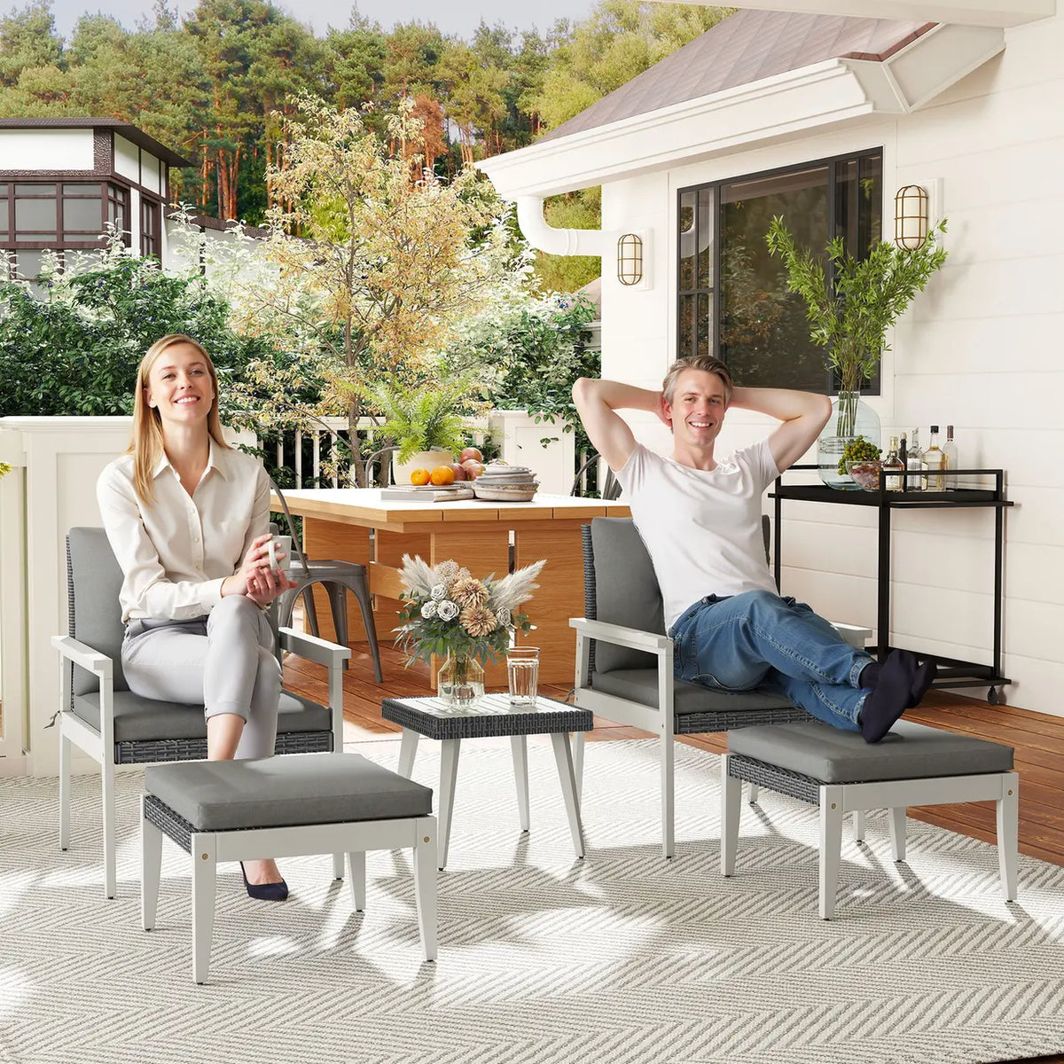 Outsunny Five-Piece Rattan Patio Set, with Wood-Top Table - Grey