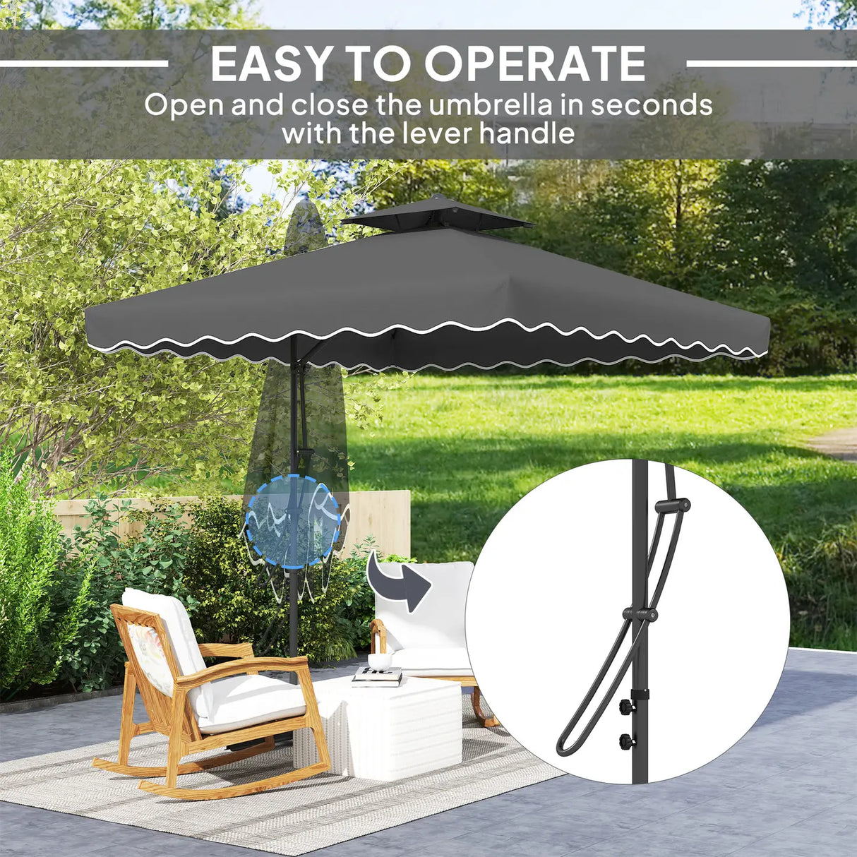 Outsunny 2.5m Cantilever Parasol with Easy Lever, Square Double Top Garden Parasol Umbrella with Ruffles and Cross Base, Overhanging Outdoor Sun Shades, Black