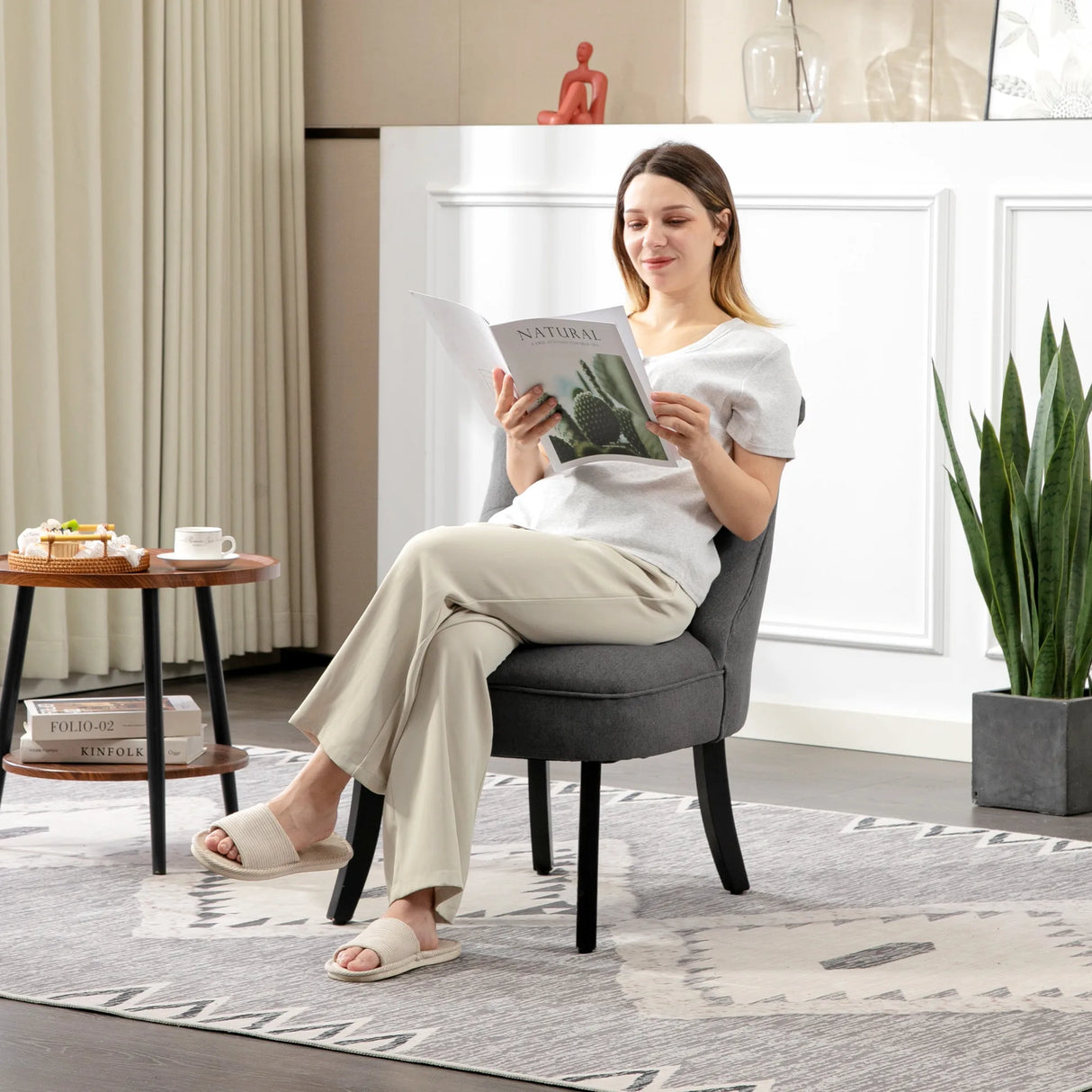 HOMCOM Fabric Single Sofa Dining Chair Tub Chair Upholstered W/ Pillow Solid Wood Leg Home Living Room Furniture Charcoal Grey