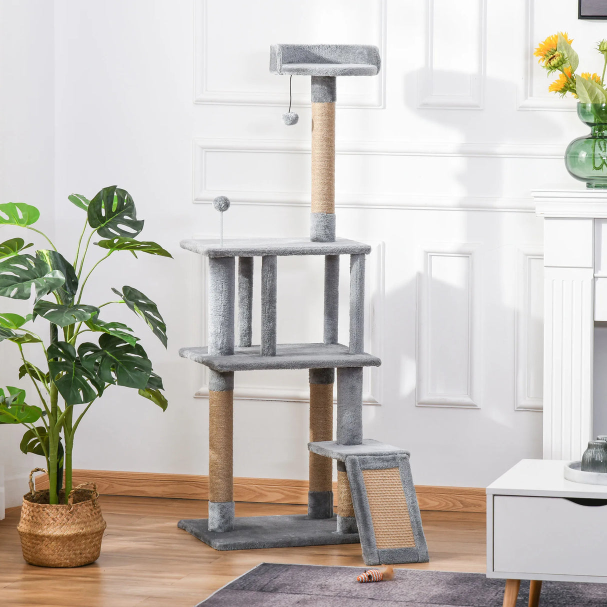 PawHut Cat Tree Tower for Indoor Cats 142cm Climbing Kitten Activity Center with Jute Scratching Post Board Perch Roomy Condo Removable Felt Hanging Toy, Grey