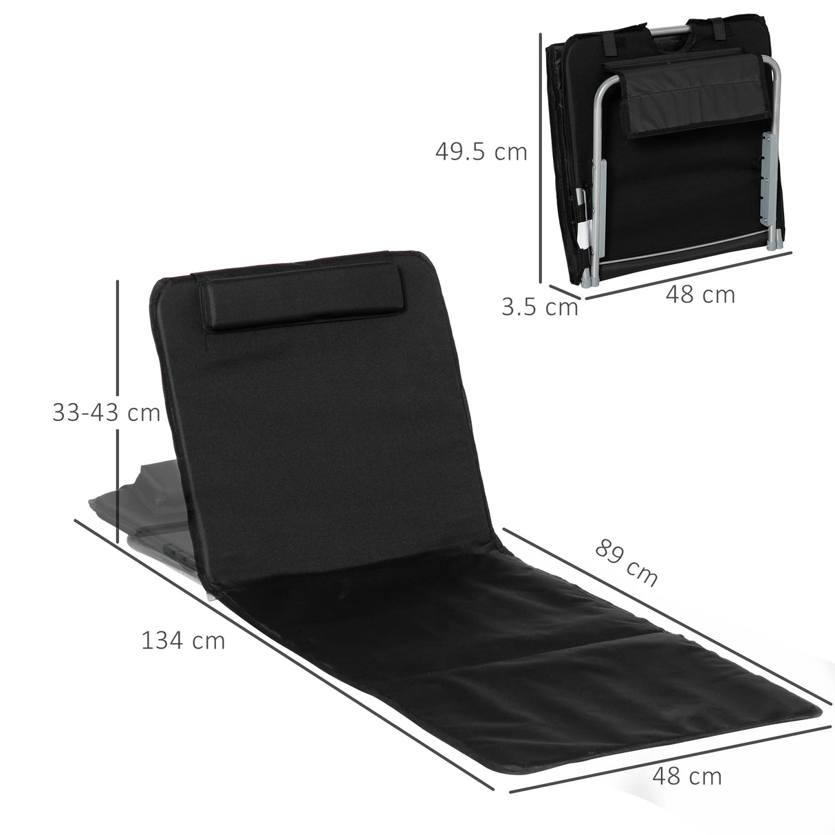 Outsunny Set of 2 Foldable Garden Beach Chair Mat Lightweight Outdoor Sun Lounger Seats Adjustable Back Metal Frame PE Fabric Head Pillow w/ Carry Bag, Black