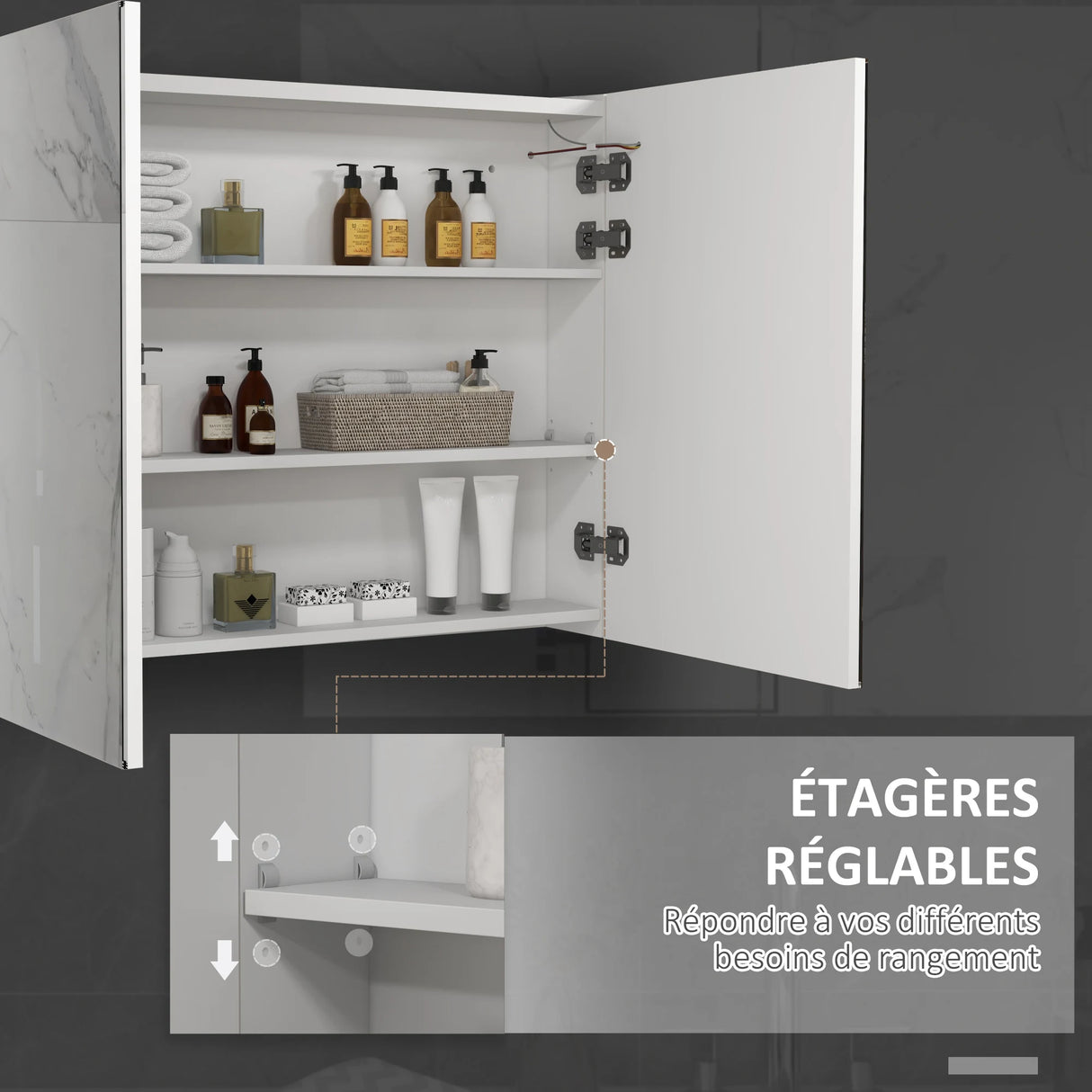 kleankin Bathroom Mirror Cabinet with Light, Bathroom Storage Cupboard with Adjustable Shelf, USB Powered, 90x15x70cm, White