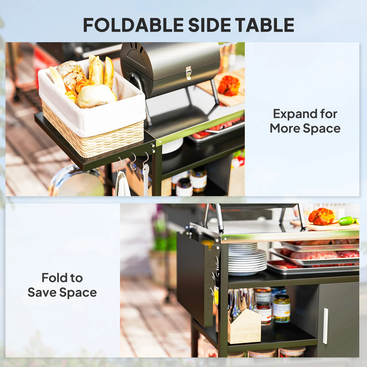 Outsunny Outdoor BBQ Trolley with Foldable Side Table, Stainless Steel Top, Outdoor Kitchen with Wheels Hooks Shelves Cabinet, Pizza Oven Table Movable Barbecue Grill Dining Cart with Cover, Black