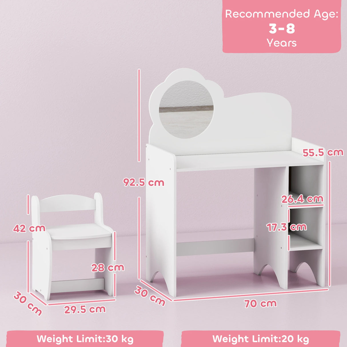 AIYAPLAY Kids Dressing Table with Mirror, Stool, Kids Vanity Table with Shelves, for Ages 3-8 Years, White
