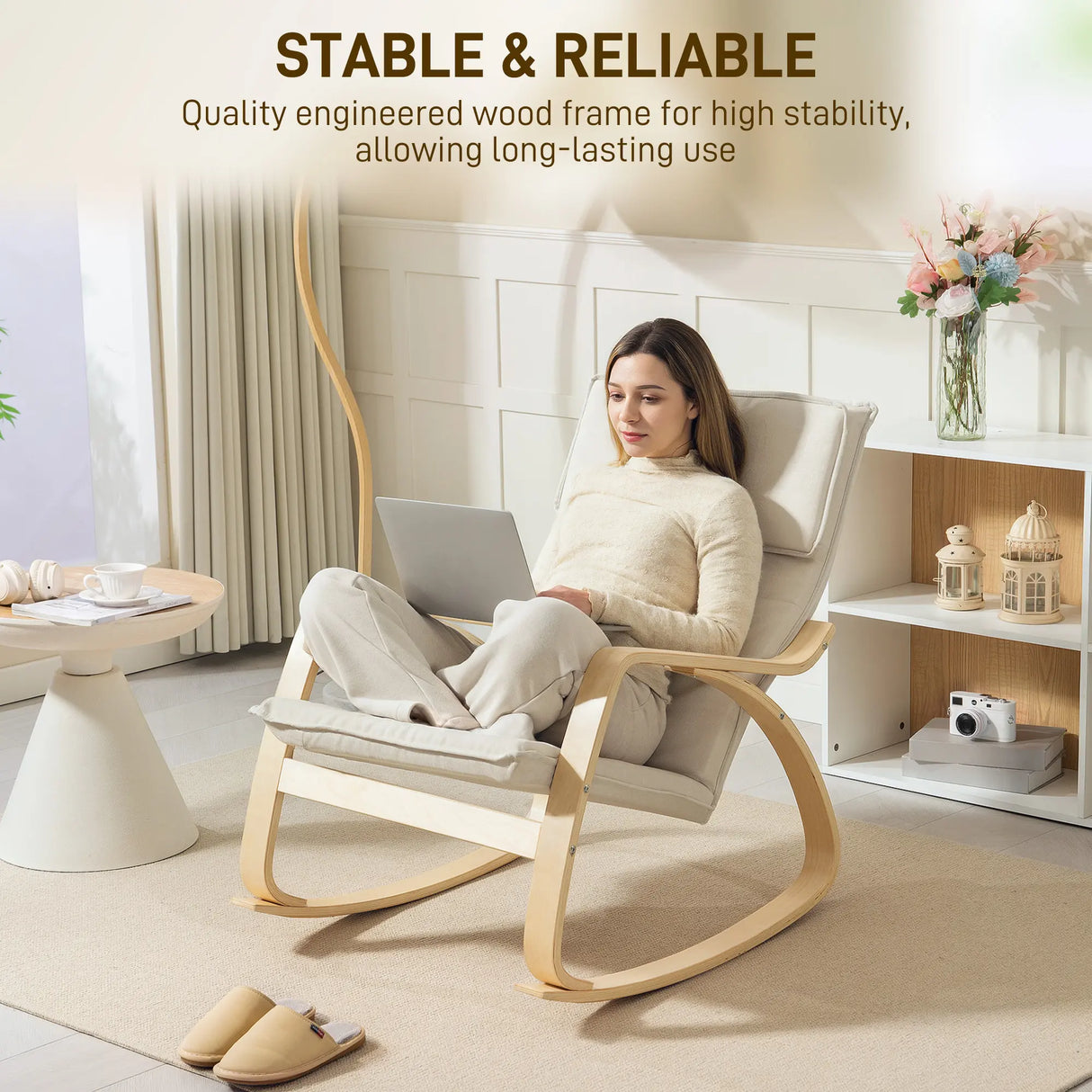 HOMCOM Comfortable Relax Rocking Chair, Upholstered Lounge Chair Recliner with High Back and Headrest for Living Room, Bedroom, Cream White