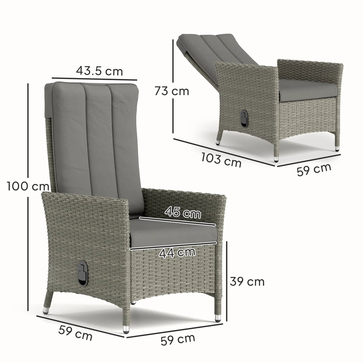 Outsunny 105-150 Reclining Rattan Chair - Grey